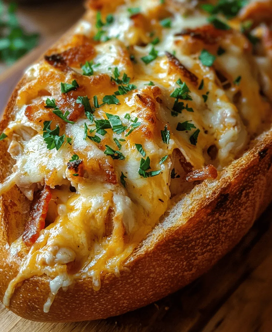 In the realm of comfort food, few dishes can rival the satisfaction of a perfectly stuffed bread. Enter the <strong>Delicious Chicken Bacon Ranch Stuffed Bread</strong>—a savory delight that combines tender shredded chicken, crispy bacon, and creamy ranch dressing, all enveloped in warm, crusty bread. This dish is not just a meal; it’s an experience that brings people together around the dinner table. With its mouthwatering flavors and delightful textures, it’s no wonder that this recipe has gained popularity among home cooks and food enthusiasts alike.” /></p>
</p>
<h3>Techniques for Slicing and Hollowing the French Bread</h3>
</p>
<p>To create the perfect Chicken Bacon Ranch Stuffed Bread, the first step is to prepare your French bread properly. Start by choosing a fresh loaf of French bread, which is essential for achieving the right texture.</p>
</p>
<p>1. <strong>Slicing the Bread</strong>: Place the loaf on a cutting board and, using a serrated bread knife, slice off the top of the French bread about one-third of the way down. This creates a lid for your stuffed bread. Be careful to cut straight across to maintain an even surface for the filling.</p>
</p>
<p>2. <strong>Hollowing the Bread</strong>: After removing the top, gently pull out the soft interior of the bread using your fingers or a spoon. Aim to leave about half an inch of bread on the sides and bottom to hold the filling securely. This hollowing technique not only creates space for the delicious filling but also ensures your bread remains sturdy during baking.</p>
</p>
<h3>Suggestions for Utilizing Removed Bread</h3>
</p>
<p>Don’t discard the removed bread! There are several creative ways to repurpose it:</p>
</p>
<p>– <strong>Breadcrumbs</strong>: Toast the removed bread pieces in the oven until golden brown and then pulse them in a food processor to create homemade breadcrumbs. These can be used for coating meats, adding crunch to salads, or as a topping for casseroles.</p>
<p>– <strong>Croutons</strong>: Cube the leftover bread, season with olive oil, herbs, and garlic, then bake until crispy to make croutons perfect for salads or soups.</p>
<p>– <strong>Bread Pudding</strong>: Use the leftover bread in a savory or sweet bread pudding; simply mix it with eggs, milk, and your desired flavors, bake, and enjoy a delightful dish.</p>
</p>
<h3>Importance of Packing the Filling Tightly for Optimal Results</h3>
</p>
<p>When it comes to stuffing your bread, packing the filling tightly is crucial. A well-packed filling helps to ensure that every bite is flavorful and satisfying. Here are some tips for achieving this:</p>
</p>
<p>– <strong>Layering</strong>: Start by adding a layer of the chicken and bacon mixture, followed by a layer of cheese and ranch dressing. This layering technique not only enhances flavor but also helps to hold the filling together.</p>
<p>– <strong>Pressing Down</strong>: After layering, gently press down on the filling with a spoon or your hands to compress it slightly. This will help prevent any gaps in the filling, leading to a more cohesive and enjoyable eating experience.</p>
</p>
<h3>Baking the Stuffed Bread</h3>
</p>
<p>Once your bread is stuffed and ready, it’s time to bake it to perfection.</p>
</p>
<p>1. <strong>Preheating the Oven</strong>: Preheat your oven to 375°F (190°C). Preheating is crucial as it ensures that your stuffed bread cooks evenly and the cheese melts beautifully.</p>
</p>
<p>2. <strong>Using Parchment Paper</strong>: Line a baking sheet with parchment paper before placing the stuffed bread on it. This will make cleanup a breeze and prevent the bread from sticking to the pan, allowing for easier removal once baked.</p>
</p>
<p>3. <strong>Baking Time and Temperature</strong>: Bake the stuffed bread for about 20-25 minutes, or until the bread is golden brown and the cheese is melted and bubbly. The perfect temperature allows the bread to crisp up while ensuring the filling heats through.</p>
</p>
<p>4. <strong>Knowing When the Bread is Ready</strong>: Look for visual and tactile cues to determine doneness. The bread should be golden brown, and you can gently squeeze the sides to test for firmness. If the bread feels soft or doughy, it may need more time in the oven.</p>
</p>
<h3>Serving Suggestions for Chicken Bacon Ranch Stuffed Bread</h3>
</p>
<p>This Chicken Bacon Ranch Stuffed Bread is a showstopper on its own, but pairing it with complementary side dishes elevates the meal even further.</p>
</p>
<p>– <strong>Ideal Pairings</strong>: Consider serving the stuffed bread with a side of crispy French fries or potato wedges for a comforting meal. You can also opt for a light side salad, featuring mixed greens, cherry tomatoes, and a zesty vinaigrette to balance the richness of the bread.</p>
</p>
<p>– <strong>Salads, Appetizers, or Dips</strong>: A classic Caesar salad or a refreshing cucumber and tomato salad pairs beautifully with the stuffed bread. For appetizers, consider serving it with a side of creamy ranch dip or a spicy buffalo sauce for those who enjoy a kick.</p>
</p>
<p>– <strong>Creative Serving Ideas</strong>: Cut the stuffed bread into smaller portions to serve as sliders at a party or gathering. This makes it easy for guests to enjoy and encourages mingling.</p>
</p>
<p>– <strong>Presentation Tips for Gatherings and Parties</strong>: Arrange the stuffed bread on a wooden cutting board or a decorative platter. Garnish with fresh herbs or sliced green onions for a pop of color, making it visually appealing.</p>
</p>
<h3>Variations to Try with the Recipe</h3>
</p>
<p>While the classic Chicken Bacon Ranch Stuffed Bread is a hit, don’t hesitate to experiment with variations to suit your taste.</p>
</p>
<p>– <strong>Substituting Different Meats or Sauces</strong>: Try swapping out chicken for other proteins like shredded pork, ground beef, or turkey. You can also use different sauces, such as barbecue sauce or sriracha mayo, to create unique flavor profiles.</p>
</p>
<p>– <strong>Vegetarian Adaptations</strong>: For a vegetarian version, replace the chicken and bacon with sautéed mushrooms, bell peppers, and zucchini. Use a plant-based ranch dressing or a creamy avocado spread to enhance the filling.</p>
</p>
<h3>Nutritional Information and Dietary Considerations</h3>
</p>
<p>Understanding the nutritional content of your meal can help you make informed choices.</p>
</p>
<p>– <strong>Breakdown of Calories per Serving</strong>: A typical serving of Chicken Bacon Ranch Stuffed Bread contains approximately 350-400 calories, depending on portion size and specific ingredients used.</p>
</p>
<p>– <strong>Dietary Restrictions</strong>: For those with dietary restrictions, consider gluten-free bread options or dairy-free cheese alternatives to accommodate gluten-free or dairy-free diets. Always check labels to ensure compliance with specific dietary needs.</p>
</p>
<p>– <strong>Balancing Indulgence with Healthier Choices</strong>: While this dish is indulgent, you can balance it by incorporating more vegetables into the filling or serving it alongside a hearty salad. This way, you enjoy the comfort of the stuffed bread while also getting essential nutrients.</p>
</p>
<h3>Conclusion: The Joy of Homemade Chicken Bacon Ranch Stuffed Bread</h3>
</p>
<p>The Chicken Bacon Ranch Stuffed Bread is not just a meal; it’s an experience that brings comfort and joy to the table. With its warm, cheesy filling and crunchy bread, it embodies everything we love about comfort food.</p>
</p>
<p>Make it a centerpiece for family gatherings or a casual dinner with friends, and watch as it becomes the highlight of your meal. Remember, the beauty of home cooking lies in the ability to experiment with flavors and ingredients—don’t hesitate to put your personal spin on this recipe.</p>
</p>
<p>As you dive into the deliciousness of homemade Chicken Bacon Ranch Stuffed Bread, relish the moments spent in the kitchen and around the dining table. Cooking is a celebration of creativity and connection, so invite family and friends to share in the joy of this delightful dish.</p>
</div>