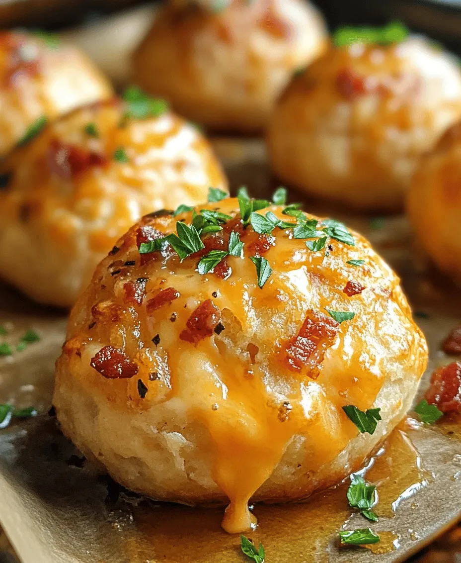 There’s no denying that the combination of cheese and bacon is a match made in culinary heaven. These two ingredients are often celebrated in comfort food classics, from cheesy bacon fries to loaded potato skins. Their rich, savory flavors create a delightful experience that can turn even the simplest dish into a feast. Enter <strong>Baked Bacon Stuffed Cheese Bombs</strong>—an irresistible appetizer or snack that beautifully showcases this beloved pairing.” /></p>
</p>
<h3>Baking Process</h3>
</p>
<p>After carefully stuffing your biscuit dough with the savory mixture of crumbled bacon and gooey cheese, it’s time to prepare them for baking. Begin by preheating your oven to 375°F (190°C). This temperature is crucial for achieving that perfect golden finish that makes these Cheese Bombs irresistible.</p>
</p>
<p><strong>Arranging the Stuffed Biscuits</strong></p>
<p>Take a baking sheet and line it with parchment paper to prevent sticking and ensure even cooking. Gently place each stuffed biscuit on the baking sheet, ensuring they have enough space between them to expand while baking. This spacing helps maintain their shape and ensures they don’t stick together.</p>
</p>
<p><strong>Brushing with Butter</strong></p>
<p>To add an extra layer of flavor and to achieve a beautiful, golden-brown crust, melt about 2 tablespoons of unsalted butter. Once melted, use a pastry brush to generously coat the tops of each biscuit before placing them in the oven. This step not only enhances the flavor but also gives the cheese bombs a lovely sheen that is visually appealing.</p>
</p>
<h3>Baking and Serving Suggestions</h3>
</p>
<p><strong>Optimal Baking Time and Temperature</strong></p>
<p>Bake your Baked Bacon Stuffed Cheese Bombs in the preheated oven for approximately 15 to 20 minutes. Keep an eye on them as they bake; you want them to puff up beautifully and turn a rich golden brown. The cheese should be bubbling slightly, indicating that it has melted perfectly inside the dough.</p>
</p>
<p><strong>Cooling Tips</strong></p>
<p>Once out of the oven, allow the cheese bombs to cool for about 5 minutes on the baking sheet. This cooling period is essential as it prevents burns and allows the flavors to meld together. The biscuits will be extremely hot right out of the oven, so patience is key!</p>
</p>
<p><strong>Ideas for Serving</strong></p>
<p>These cheese bombs can be a fantastic appetizer or a side dish for any meal. Consider serving them with a variety of dips or sauces to enhance their flavor. Some popular options include:</p>
</p>
<p>– <strong>Ranch Dressing</strong>: A classic pairing that complements the smoky bacon.</p>
<p>– <strong>BBQ Sauce</strong>: Adds a sweet and tangy flavor that balances the richness of the cheese.</p>
<p>– <strong>Hot Sauce</strong>: For those who enjoy a little kick, drizzle some hot sauce for added spice.</p>
</p>
<p><strong>Presentation Tips</strong></p>
<p>To make your Baked Bacon Stuffed Cheese Bombs visually appealing at gatherings, arrange them on a large platter or a wooden board. Garnish with chopped fresh herbs such as parsley or chives for a pop of color. You can also place small bowls of your chosen dips around the cheese bombs for easy access, creating an inviting display that encourages guests to dig in.</p>
</p>
<h3>Nutritional Information</h3>
</p>
<p>Understanding the nutritional profile of your Baked Bacon Stuffed Cheese Bombs can help you enjoy them in moderation. Here’s a breakdown of the estimated calories and macronutrients per serving (assuming a serving size of two cheese bombs):</p>
</p>
<p>– <strong>Calories</strong>: Approximately 300 calories</p>
<p>– <strong>Protein</strong>: 12 grams</p>
<p>– <strong>Fat</strong>: 22 grams</p>
<p>– <strong>Carbohydrates</strong>: 20 grams</p>
<p>– <strong>Fiber</strong>: 1 gram</p>
</p>
<p>Keep in mind that these values may vary based on the specific ingredients used and portion sizes. While these cheese bombs are indulgent, they can certainly fit into a balanced diet when enjoyed occasionally.</p>
</p>
<p><strong>Health Considerations</strong></p>
<p>It’s important to enjoy these cheese bombs in moderation due to their richness. Consider balancing them with a fresh salad or a side of steamed vegetables to add nutritional value to your meal. This way, you can savor the comfort of this delicious treat while still maintaining a healthy approach to eating.</p>
</p>
<h3>Culinary Variations</h3>
</p>
<p>One of the great aspects of Baked Bacon Stuffed Cheese Bombs is their versatility. Here are some creative twists to consider for your next batch:</p>
</p>
<p><strong>Substituting Different Cheeses</strong></p>
<p>While the classic combination of cheddar and cream cheese is delightful, why not mix it up? Try using mozzarella for a stretchy, gooey texture, or pepper jack for a spicy kick. Each cheese will bring a unique flavor profile that can completely transform your cheese bombs.</p>
</p>
<p><strong>Adding Vegetables for a Unique Flavor Profile</strong></p>
<p>Incorporating vegetables can not only add flavor but also enhance the nutritional value. Consider adding finely chopped jalapeños for heat, or spinach for a subtle earthiness. Roasted garlic or caramelized onions can also introduce a new depth of flavor that pairs well with the bacon and cheese.</p>
</p>
<p><strong>Experimenting with Different Meats</strong></p>
<p>If you’re looking to switch things up, try using different meats in your stuffing. Sausage can add a flavorful spice, while diced ham can provide a sweet and smoky flavor profile. Feel free to mix and match your favorite meats to create a unique combination.</p>
</p>
<p><strong>Suggestions for Seasonal Variations or Themed Adaptations</strong></p>
<p>Get creative with your cheese bombs for special occasions! For a holiday gathering, consider adding festive spices like sage or thyme to the stuffing. For a summer barbecue, incorporate fresh herbs and serve the cheese bombs with a zesty herb dip. Adapting this recipe to fit seasonal themes can elevate any gathering and impress your guests.</p>
</p>
<h3>Conclusion</h3>
</p>
<p>Baked Bacon Stuffed Cheese Bombs are a delightful combination of comfort food and culinary creativity. The ease of preparation, coupled with the indulgent flavors of crispy bacon and melting cheese, makes them perfect for any gathering or family meal. These cheese bombs not only satisfy your taste buds but also bring joy and warmth to the table, making it a shared experience among loved ones.</p>
</p>
<p>Whether you stick to the classic recipe or explore the myriad of variations, these cheese bombs are sure to impress. So, gather your ingredients, invite friends or family over, and enjoy the fun of making and sharing these delicious bites. The joy of homemade comfort food is unparalleled, and your Baked Bacon Stuffed Cheese Bombs will surely become a beloved favorite in your culinary repertoire.</p>
</div>