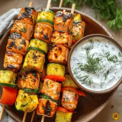 Grilled salmon skewers with creamy dill yogurt sauce is a dish that perfectly encapsulates the essence of summer cooking. This vibrant and flavorful recipe not only showcases the succulent taste of fresh salmon but also incorporates a refreshing sauce that elevates each bite. The appeal of these skewers lies in their balance of nutrition and enjoyment, making them an ideal choice for those who want to indulge without compromising on health. Whether you are hosting a backyard barbecue or simply craving a wholesome meal, these skewers are sure to impress both your taste buds and your guests.