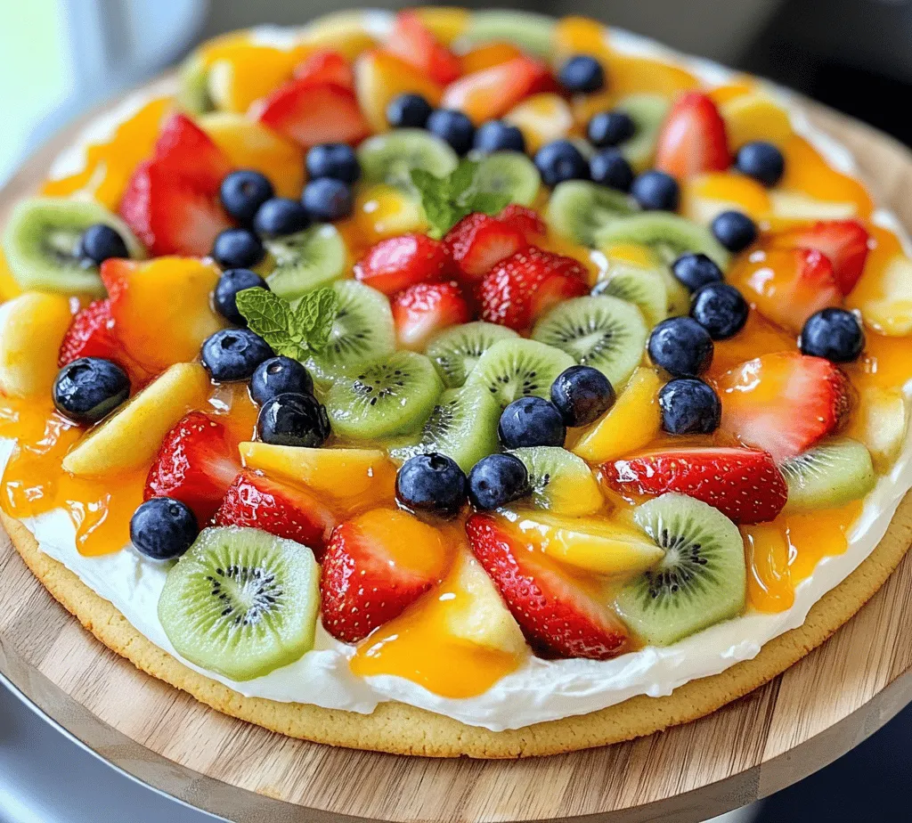 The Fruity Delight Pizza is a modern twist on traditional pizza, originating from the desire to create a dessert that is not only delicious but also visually appealing. While classic pizzas are savory and often topped with ingredients like cheese and meats, this dessert version opts for a sweet cookie base and a luscious cream cheese topping, crowned with an array of fresh fruits. The result is a dish that is as pleasing to the eyes as it is to the palate.