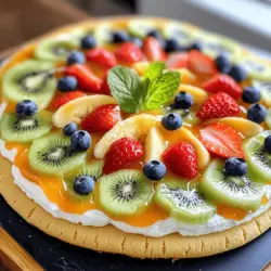 The Fruity Delight Pizza is a modern twist on traditional pizza, originating from the desire to create a dessert that is not only delicious but also visually appealing. While classic pizzas are savory and often topped with ingredients like cheese and meats, this dessert version opts for a sweet cookie base and a luscious cream cheese topping, crowned with an array of fresh fruits. The result is a dish that is as pleasing to the eyes as it is to the palate.