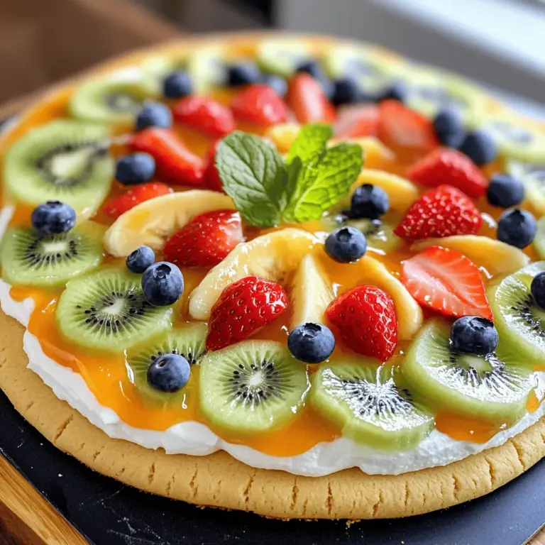 The Fruity Delight Pizza is a modern twist on traditional pizza, originating from the desire to create a dessert that is not only delicious but also visually appealing. While classic pizzas are savory and often topped with ingredients like cheese and meats, this dessert version opts for a sweet cookie base and a luscious cream cheese topping, crowned with an array of fresh fruits. The result is a dish that is as pleasing to the eyes as it is to the palate.