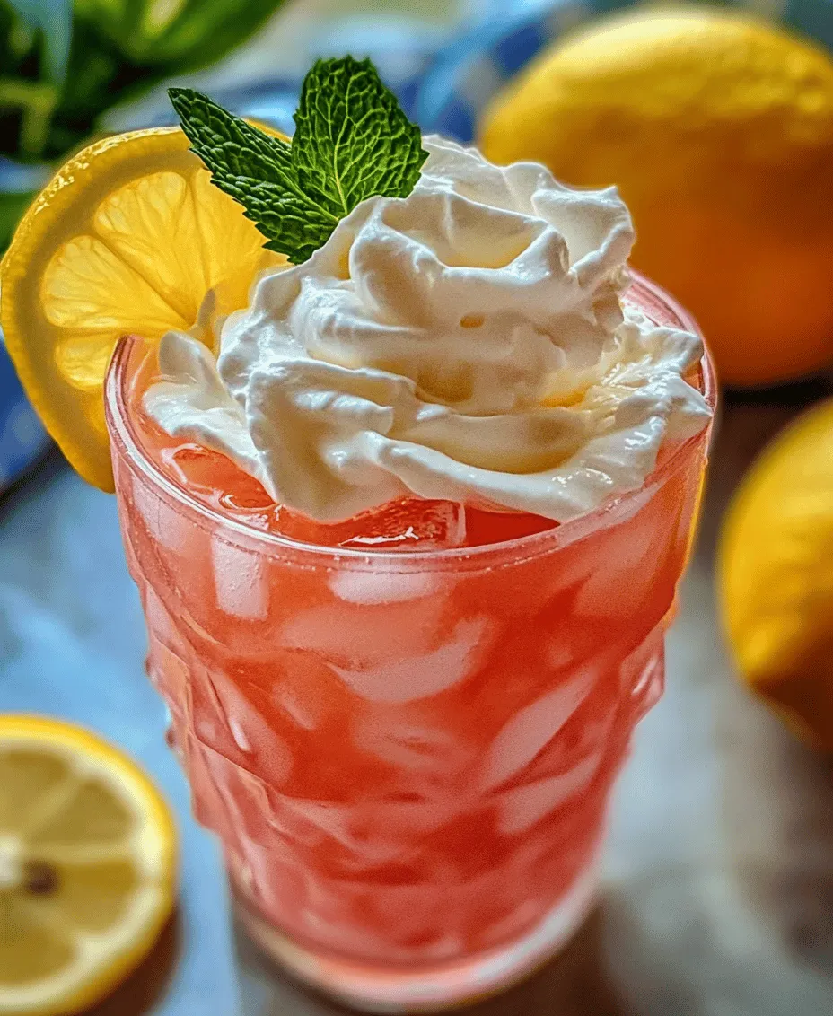 As the sun shines brightly and temperatures rise, there's nothing quite as refreshing as a cold drink to cool you down. Enter <strong>Whipped Pink Lemonade</strong>, a delightful twist on the classic lemonade that not only quenches your thirst but also adds a touch of whimsy to your summer gatherings. This vibrant drink combines the tartness of fresh lemons with the creamy sweetness of whipped cream, creating a unique beverage that is as pleasing to the eyes as it is to the palate.” /></p>
</p>
<h2>Making the Lemonade Base</h2>
</p>
<p>To create the perfect Whipped Pink Lemonade, the first step is preparing the lemonade base. This consists of freshly squeezed lemon juice, sugar, and water. The balance of these ingredients sets the foundation for a refreshing drink that is both tart and sweet.</p>
</p>
<h3>Combining Lemon Juice and Sugar</h3>
</p>
<p>Start by squeezing fresh lemons to extract about one cup of lemon juice, which should yield approximately 4-6 large lemons. Fresh lemon juice is crucial for the best flavor, so avoid bottled options if possible. In a mixing bowl, combine the fresh lemon juice with one cup of granulated sugar.</p>
</p>
<p>To ensure that the sugar dissolves completely and evenly, you can use a whisk or a spoon to stir vigorously. It’s advisable to let this mixture sit for about 10-15 minutes, which allows the sugar to absorb the lemon juice and start breaking down. For optimal results, if you’re in a hurry, you can also gently heat the mixture in a saucepan over low heat until the sugar fully dissolves, but do not boil.</p>
</p>
<h3>Tips for Ensuring Sugar Dissolves Completely</h3>
</p>
<p>– <strong>Use warm water</strong>: If you prefer to keep it simple, mix the lemon juice and sugar with warm water in a 1:1 ratio. The heat will help the sugar dissolve more rapidly.</p>
<p>– <strong>Stir well</strong>: Continuous stirring while the mixture sits will help distribute the sugar and expedite the dissolving process.</p>
<p>– <strong>Check for graininess</strong>: After allowing the mixture to rest, check for any undissolved sugar. If you feel any graininess, give it another good stir or heat it slightly.</p>
</p>
<h2>Adding Water and Food Coloring</h2>
</p>
<p>Once the lemonade base is ready, it’s time to thin it out and add a vibrant touch of color.</p>
</p>
<h3>Incorporating Cold Water</h3>
</p>
<p>To the sugar and lemon mixture, gradually add four cups of cold water. Stir gently until well combined. The cold water not only dilutes the lemonade to the desired sweetness and tartness but also gives it a refreshing chill, making it perfect for hot days.</p>
</p>
<h3>Guidance on Using Food Coloring Effectively</h3>
</p>
<p>For the signature pink hue, add a few drops of red or pink food coloring. Start with one drop, mix well, and assess the color before adding more. The goal is to achieve a light pink shade that looks appealing without overwhelming the natural lemon color. Remember, it’s easier to add color than to take it away, so proceed with caution.</p>
</p>
<h2>Whipping the Cream</h2>
</p>
<p>The next step in creating Whipped Pink Lemonade is to whip the cream that will give this drink its signature creamy texture.</p>
</p>
<h3>Techniques for Achieving the Perfect Whipped Cream Consistency</h3>
</p>
<p>Using either a stand mixer or a hand mixer, beat one cup of heavy whipping cream on medium-high speed. As you whip, gradually add two tablespoons of powdered sugar and one teaspoon of vanilla extract for flavor. Continue whipping until soft peaks form, which means that the cream will hold its shape but is still light and airy.</p>
</p>
<h3>Common Mistakes to Avoid While Whipping</h3>
</p>
<p>– <strong>Over-whipping</strong>: Be cautious not to over-whip the cream, as it can turn into butter. Stop as soon as soft peaks form.</p>
<p>– <strong>Starting with warm cream</strong>: Always use cold heavy cream straight from the refrigerator for the best results.</p>
<p>– <strong>Using a non-chilled bowl</strong>: For optimal whipping, chill your mixing bowl and whisk in the freezer for about 10 minutes before starting.</p>
</p>
<h2>Combining for a Creamy Texture</h2>
</p>
<p>Once your whipped cream is ready, the next step is to combine it with the lemonade base to create a creamy, frothy drink.</p>
</p>
<h3>Best Practices for Folding Whipped Cream into Lemonade</h3>
</p>
<p>In a large mixing bowl, gently fold the whipped cream into the lemonade mixture. Use a spatula and a gentle folding motion to combine without deflating the whipped cream. This process retains the lightness and creates a beautifully creamy texture.</p>
</p>
<h3>Importance of Gentle Mixing to Maintain Fluffiness</h3>
</p>
<p>The key to achieving a smooth and airy Whipped Pink Lemonade lies in the folding technique. Avoid vigorous stirring, as this can deflate the whipped cream. Instead, use a gentle hand and a figure-eight motion to incorporate the cream evenly into the lemonade base.</p>
</p>
<h2>Serving Suggestions</h2>
</p>
<p>Once your Whipped Pink Lemonade is prepared, it’s time to present it beautifully.</p>
</p>
<h3>Ideal Glassware for Serving Whipped Pink Lemonade</h3>
</p>
<p>Choose tall, clear glasses to showcase the beautiful pink color of your lemonade. Mason jars or vintage glassware can also add a charming touch that enhances the overall aesthetic of the drink.</p>
</p>
<h3>Creative Ideas for Layering the Lemonade and Whipped Cream</h3>
</p>
<p>For a visually stunning presentation, consider layering the lemonade and whipped cream. Fill each glass halfway with the lemonade base, then add a generous dollop of whipped cream on top. You can repeat the layers for a delightful effect, or use a piping bag to create swirls of whipped cream on top, garnished with a slice of lemon or a sprig of mint.</p>
</p>
<h2>The Perfect Pairings</h2>
</p>
<p>Whipped Pink Lemonade is a versatile beverage that pairs beautifully with various foods and occasions.</p>
</p>
<h3>Discussion on Food Pairings That Complement Whipped Pink Lemonade</h3>
</p>
<p>This refreshing drink complements light and flavorful dishes. Consider serving it alongside:</p>
</p>
<p>– <strong>Light salads</strong>: A fresh mixed greens salad with citrus vinaigrette enhances the lemonade’s flavors.</p>
<p>– <strong>Grilled chicken or seafood</strong>: The zesty notes of grilled meats and fish harmonize perfectly with the tartness of the lemonade.</p>
<p>– <strong>Light appetizers</strong>: Small bites like bruschetta or shrimp cocktail make great accompaniments.</p>
</p>
<h3>Suggestions for Light Summer Meals or Snacks</h3>
</p>
<p>For a complete summer meal, you can serve Whipped Pink Lemonade with a quinoa salad or a platter of fresh fruits and cheeses. These options are not only refreshing but also enhance the overall summery vibe.</p>
</p>
<h3>Ideal Occasions for Serving This Drink</h3>
</p>
<p>Whipped Pink Lemonade is perfect for various occasions, including:</p>
</p>
<p>– <strong>Summer parties</strong>: Impress your guests with this eye-catching drink.</p>
<p>– <strong>Picnics</strong>: Its refreshing nature makes it an ideal choice for outdoor gatherings.</p>
<p>– <strong>Brunch</strong>: Pair it with pancakes or pastries for a delightful brunch experience.</p>
</p>
<h2>Variations of Whipped Pink Lemonade</h2>
</p>
<p>Feel free to get creative with the basic Whipped Pink Lemonade recipe by introducing some fun variations.</p>
</p>
<h3>Fruit Infusions</h3>
</p>
<p>For added flavor and color, consider infusing the lemonade with seasonal fruits. Berries like strawberries, raspberries, or blueberries can be blended and added to the lemonade base before mixing in the whipped cream. This not only enhances the flavor but also gives the drink a vibrant, fruity twist.</p>
</p>
<h3>Non-Dairy Alternatives</h3>
</p>
<p>If you’re looking for a non-dairy version of this delightful drink, substitute heavy cream with coconut cream or almond whipped topping. These alternatives provide a similar creamy texture while catering to dietary preferences.</p>
</p>
<h3>Sparkling Whipped Pink Lemonade</h3>
</p>
<p>For a fizzy twist, replace some of the cold water with sparkling water. This adds a refreshing effervescence that elevates the drink and makes it even more delightful on hot days.</p>
</p>
<h2>Nutritional Information</h2>
</p>
<p>Understanding the nutritional content of your Whipped Pink Lemonade can help you make informed decisions.</p>
</p>
<h3>Breakdown of Calories and Nutritional Content Per Serving</h3>
</p>
<p>A standard serving of Whipped Pink Lemonade (approximately 8 ounces) contains about 180 calories. This includes roughly:</p>
</p>
<p>– <strong>Fat</strong>: 8 grams</p>
<p>– <strong>Carbohydrates</strong>: 22 grams</p>
<p>– <strong>Sugar</strong>: 20 grams</p>
<p>– <strong>Protein</strong>: 1 gram</p>
</p>
<h3>Healthier Ingredient Substitutions to Consider</h3>
</p>
<p>To reduce calories and sugar content, consider using:</p>
</p>
<p>– <strong>Stevia or agave syrup</strong>: As a substitute for granulated sugar.</p>
<p>– <strong>Light whipped topping</strong>: Instead of heavy cream, for a lower-calorie option.</p>
</p>
<h2>Conclusion</h2>
</p>
<p>Whipped Pink Lemonade is not just a drink; it’s an experience that captures the essence of summer with its refreshing flavors and delightful presentation. Its creamy texture combined with the tangy lemon makes it a unique addition to any gathering, ensuring that it stands out.</p>
</p>
<p>We encourage you to try this recipe, embrace the vibrant flavors, and enjoy the beauty of summer in a glass. Whether you’re hosting a party, enjoying a picnic, or simply indulging in a refreshing treat at home, Whipped Pink Lemonade is sure to impress and delight.</p>
</div>