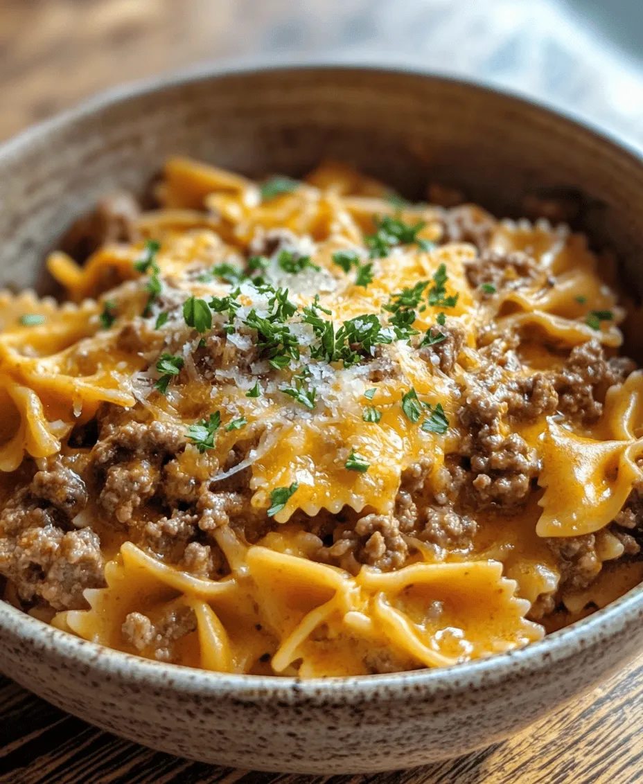 In the realm of comforting home-cooked meals, few dishes can rival the appeal of <strong>Cheesy Beef and Bowtie Pasta in Garlic Butter</strong>. This delightful recipe brings together the rich flavors of ground beef, creamy cheeses, and perfectly cooked bowtie pasta, all enveloped in the aromatic embrace of garlic butter. It is a dish that not only satisfies hunger but also warms the heart, making it a perfect choice for any family dinner.” /></p>
</p>
<h3>Incorporating Cheese</h3>
</p>
<p>When it comes to making Cheesy Beef and Bowtie Pasta in Garlic Butter, the cheese is the star of the show. To ensure that your cheese melts smoothly into the sauce without clumping, follow these best practices:</p>
</p>
<p>1. <strong>Choose the Right Cheese</strong>: Opt for cheeses that melt well, such as cheddar, mozzarella, or a blend of both. For an extra creamy texture, consider incorporating cream cheese or a bit of sour cream into the mix.</p>
</p>
<p>2. <strong>Temperature Matters</strong>: Make sure your cooked pasta and beef are hot when adding the cheese. This helps the cheese melt evenly. If the pasta has cooled down, briefly reheating it in the pan before adding the cheese can help.</p>
</p>
<p>3. <strong>Gradual Incorporation</strong>: Instead of adding all the cheese at once, gradually sprinkle it into the sauce while stirring. This allows the cheese to melt properly and prevents clumping.</p>
</p>
<p>4. <strong>Stir Constantly</strong>: As you add the cheese, stir continuously. This helps distribute the cheese evenly throughout the sauce, creating a silky finish.</p>
</p>
<p>5. <strong>Use a Low Heat</strong>: Once the cheese is added, keep the heat low to prevent the cheese from becoming rubbery. Allow it to melt slowly for the best texture.</p>
</p>
<p>By following these techniques, you can achieve a creamy, cheesy sauce that clings perfectly to the pasta.</p>
</p>
<h3>Combining Pasta and Sauce</h3>
</p>
<p>Now that you have your cheese sauce ready, it’s time to combine it with the bowtie pasta. Here are some techniques to ensure that the pasta is evenly coated and heated through:</p>
</p>
<p>1. <strong>Draining the Pasta</strong>: After cooking the bowtie pasta, reserve a cup of the pasta water before draining. This starchy water can help adjust the consistency of your sauce if needed.</p>
</p>
<p>2. <strong>Mixing in the Pan</strong>: Add the drained pasta directly to the skillet with the cheese sauce while still over low heat. This allows the pasta to absorb some of the sauce, enhancing the flavor.</p>
</p>
<p>3. <strong>Tossing Gently</strong>: Use a pasta fork or tongs to gently toss the pasta in the sauce. Make sure to coat each piece of pasta evenly without breaking them.</p>
</p>
<p>4. <strong>Adjusting Consistency</strong>: If the mixture seems too thick, gradually add some of the reserved pasta water until you reach your desired consistency. This will ensure that the pasta is well-coated without being overly saucy.</p>
</p>
<p>5. <strong>Heat Through</strong>: Allow the combined pasta and sauce to heat for a few minutes, stirring occasionally. This ensures that the dish is served hot and the flavors meld together beautifully.</p>
</p>
<h3>Garnishing</h3>
</p>
<p>Presentation matters, especially for a dish as comforting as Cheesy Beef and Bowtie Pasta in Garlic Butter. A simple garnish can elevate your dish. Here’s how to do it:</p>
</p>
<p>1. <strong>Fresh Parsley</strong>: Chopped fresh parsley not only adds a pop of color but also brings a fresh flavor that balances the richness of the cheese and butter. Sprinkle it generously over the plated dish just before serving.</p>
</p>
<p>2. <strong>Grated Cheese</strong>: For an extra cheesy touch, consider adding a little more grated cheese on top. It will melt slightly from the heat of the dish, creating an inviting look.</p>
</p>
<p>3. <strong>Cracked Black Pepper</strong>: A few grinds of fresh black pepper add visual interest and a hint of spice, enhancing the overall flavor profile.</p>
</p>
<p>4. <strong>Serving Dish</strong>: Use a large, shallow serving bowl to present the pasta. This allows guests to help themselves while showcasing the dish attractively.</p>
</p>
<h3>Nutritional Information</h3>
</p>
<p>Understanding the nutritional profile of your Cheesy Beef and Bowtie Pasta can help you enjoy it guilt-free:</p>
</p>
<p>– <strong>Calories</strong>: Approximately 550 calories per serving.</p>
<p>– <strong>Protein</strong>: Around 30 grams, thanks to the beef and cheese.</p>
<p>– <strong>Carbohydrates</strong>: About 60 grams from the pasta.</p>
<p>– <strong>Fats</strong>: Roughly 25 grams, primarily from the cheese and butter.</p>
<p>– <strong>Vitamins</strong>: The dish provides essential vitamins, particularly B vitamins from the beef and cheese, as well as vitamin A from the parsley.</p>
</p>
<h4>Dietary Considerations</h4>
</p>
<p>While this dish is a comforting, high-protein meal, it’s also important to consider balance. To enhance its nutritional value, consider adding seasonal vegetables or serving it with a side salad. This not only increases fiber intake but also adds a variety of vitamins and minerals to your meal.</p>
</p>
<h3>Serving Suggestions and Pairings</h3>
</p>
<p>When it comes to serving your Cheesy Beef and Bowtie Pasta, a little creativity can go a long way:</p>
</p>
<p>1. <strong>Plating</strong>: Serve the pasta in a large, shallow bowl. Use tongs to twirl the bowtie pasta into a neat mound, then drizzle any remaining sauce over the top. Finish with a sprinkle of parsley and additional cheese.</p>
</p>
<p>2. <strong>Side Dishes</strong>: Complement the richness of the pasta with lighter side dishes. A crisp green salad with a tangy vinaigrette can provide a refreshing contrast. Garlic bread is another popular choice, ideal for soaking up any remaining sauce.</p>
</p>
<p>3. <strong>Vegetables</strong>: Steamed or roasted vegetables such as broccoli, green beans, or asparagus can add a healthy touch to your meal. Their bright colors and flavors will enhance the overall dining experience.</p>
</p>
<p>4. <strong>Beverage Pairings</strong>: For a wine pairing, consider a light-bodied red, such as Pinot Noir, or a crisp white like Sauvignon Blanc. If you prefer non-alcoholic options, sparkling water with a slice of lemon can cleanse the palate beautifully.</p>
</p>
<h3>Creative Variations</h3>
</p>
<p>One of the best features of Cheesy Beef and Bowtie Pasta is its versatility. Here are some creative variations you can try:</p>
</p>
<p>1. <strong>Vegetarian Option</strong>: For a meatless version, substitute the beef with sautéed mushrooms or lentils. Both options provide a hearty texture and soak up the flavors of the sauce beautifully.</p>
</p>
<p>2. <strong>Adding Vegetables</strong>: Incorporate seasonal vegetables for added nutrition and flavor. Spinach, bell peppers, or zucchini can be sautéed along with the garlic for a vibrant addition to the dish.</p>
</p>
<p>3. <strong>Spicy Twist</strong>: If you enjoy a kick of heat, add red pepper flakes or a splash of hot sauce to the sauce while cooking. This will give your dish an exciting flavor boost that pairs well with the creamy cheese.</p>
</p>
<h3>Conclusion</h3>
</p>
<p>Cheesy Beef and Bowtie Pasta in Garlic Butter is a delightful dish that combines simplicity with deliciousness. Its creamy texture and rich flavors make it an ideal comfort food, perfect for sharing with family and friends. With easy-to-follow steps and the option to customize with various ingredients, this recipe invites you to explore your culinary creativity.</p>
</p>
<p>Encourage yourself to experiment with different cheeses, vegetables, or even spices to make this dish your own. The joy of cooking at home lies in the ability to adapt recipes to suit your tastes and preferences. So gather your loved ones around the table, share a hearty meal, and celebrate the comfort of homemade cooking.</p>
</div>