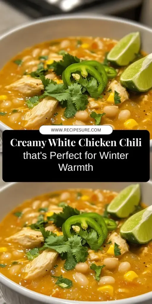 Warm up this winter with a comforting bowl of Creamy White Chicken Chili Delight! This hearty dish features tender chicken, creamy white beans, and a medley of spices that create a satisfying flavor experience. Perfect for weeknight dinners or cozy gatherings, it’s both delicious and nutritious. Enjoy the benefits of lean protein and fiber while indulging in its creamy goodness. Try it today and elevate your meal! #CreamyChili #ComfortFood #HealthyMeals #ChickenChili #WinterRecipes #CulinaryDelight