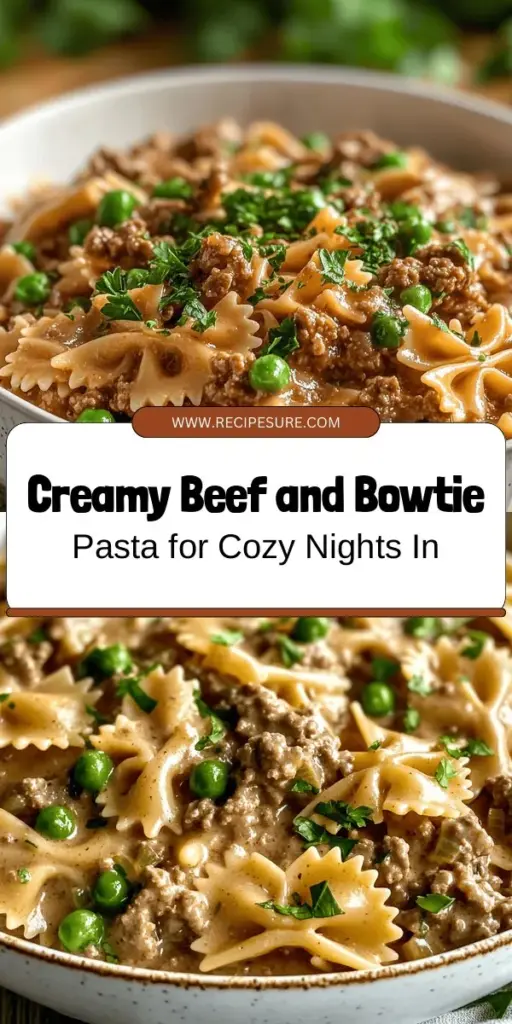 Whip up a cozy night in with this Creamy Beef and Bowtie Pasta recipe! This delicious comfort food combines rich ground beef, creamy sauce, and unique bowtie pasta for a filling meal the whole family will love. Perfect for impressing guests or enjoying a family dinner, it's easy to make and full of flavor. Discover how each ingredient adds to this savory dish that’s ready in no time! #ComfortFood #PastaRecipe #DinnerIdeas #FamilyMeals #BeefPasta