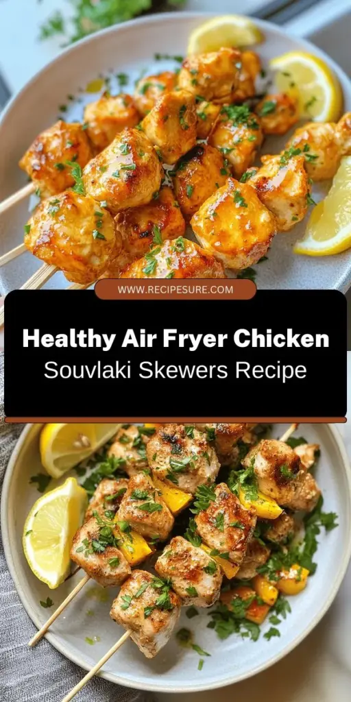 Discover the delicious and healthy twist on a Greek classic with Air Fryer Chicken Souvlaki Skewers! Enjoy tender, marinated chicken bursting with authentic Mediterranean flavors, all cooked to crispy perfection with less oil. Whether served as a main dish or part of a meze platter, this recipe is perfect for any gathering. Dive into this interactive culinary experience and impress your family and friends. #ChickenSouvlaki #AirFryerRecipes #HealthyEating #GreekCuisine #YummySkewers