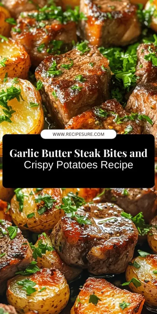 Savor the deliciousness of Sizzling Garlic Butter Steak Bites paired with Crispy Potatoes! This comforting recipe is easy to make and combines tender steak with crispy, roasted potatoes for an irresistible meal. Perfect for any occasion, you'll love the rich flavors of garlic, butter, and fresh herbs elevating every bite. Give this delightful dish a try and impress your friends and family! #SteakBites #ComfortFood #HomeCooking #GarlicButter #CrispyPotatoes #RecipeInspiration #Foodie