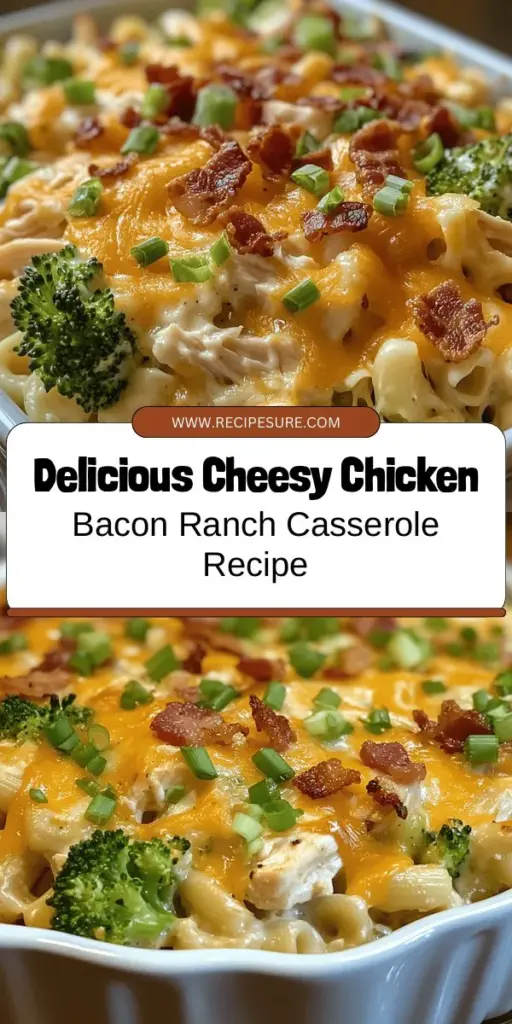 Get ready for a culinary treat with this Cheesy Chicken Bacon Ranch Casserole! Perfect for family dinners or gatherings, this comforting dish combines tender chicken, crispy bacon, creamy ranch dressing, and plenty of cheesy goodness. Easy to prepare and packed with flavor, it's a meal everyone will love. Plus, you can customize it with your favorite ingredients! Discover comfort at its best. #Casserole #ComfortFood #ChickenRecipe #CheesyDelight #DinnerInspo #EasyRecipes #FamilyMeals #YummyFood