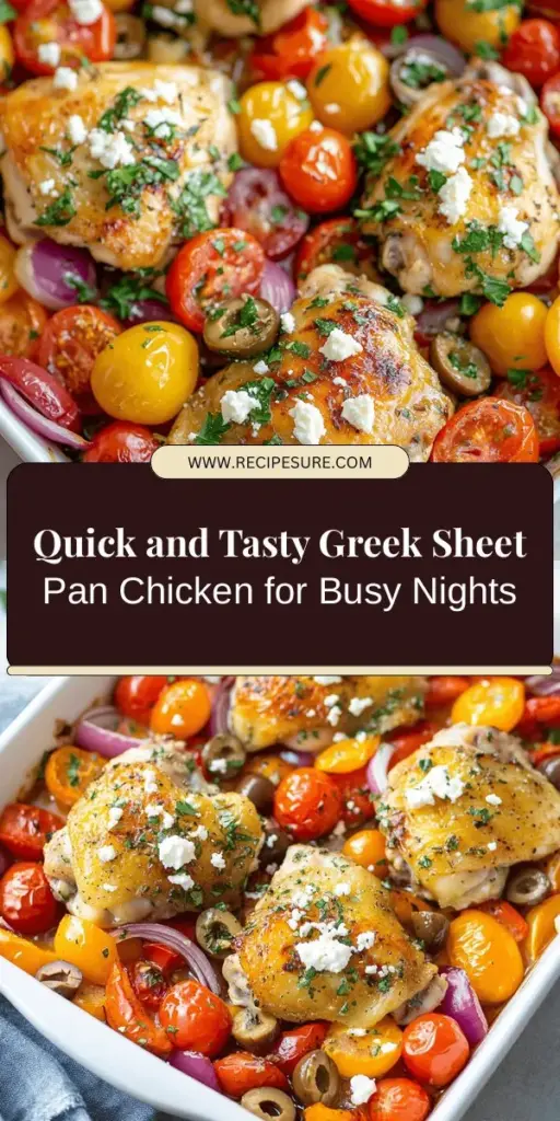Looking for a quick and healthy dinner option? Try this Greek-Inspired Sheet Pan Chicken recipe! Perfect for busy nights, it features juicy chicken thighs roasted alongside fresh vegetables like bell peppers and tomatoes, all seasoned with aromatic herbs. Add Kalamata olives and feta cheese for a flavorful Mediterranean twist. Easy to prepare and packed with nutrition, it's a meal the whole family will love! #SheetPanMeals #GreekCuisine #QuickDinner #HealthyEating #MediterraneanDiet