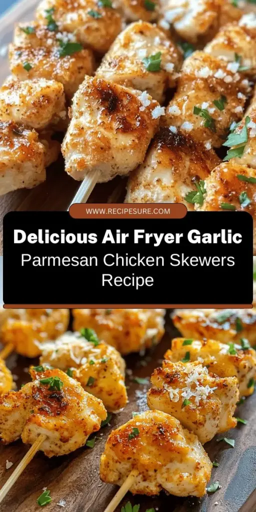 Discover the deliciously easy Air Fryer Garlic Parmesan Chicken Skewers! Perfectly juicy pieces of chicken marinated in a mouthwatering blend of garlic, olive oil, and Parmesan cheese will impress your family and friends. Ideal for weeknight dinners or gatherings, this healthy recipe is packed with flavor and requires minimal ingredients. Try it today and elevate your cooking game! #AirFryerRecipes #GarlicParmesan #HealthyEating #ChickenSkewers #EasyRecipes #DinnerIdeas