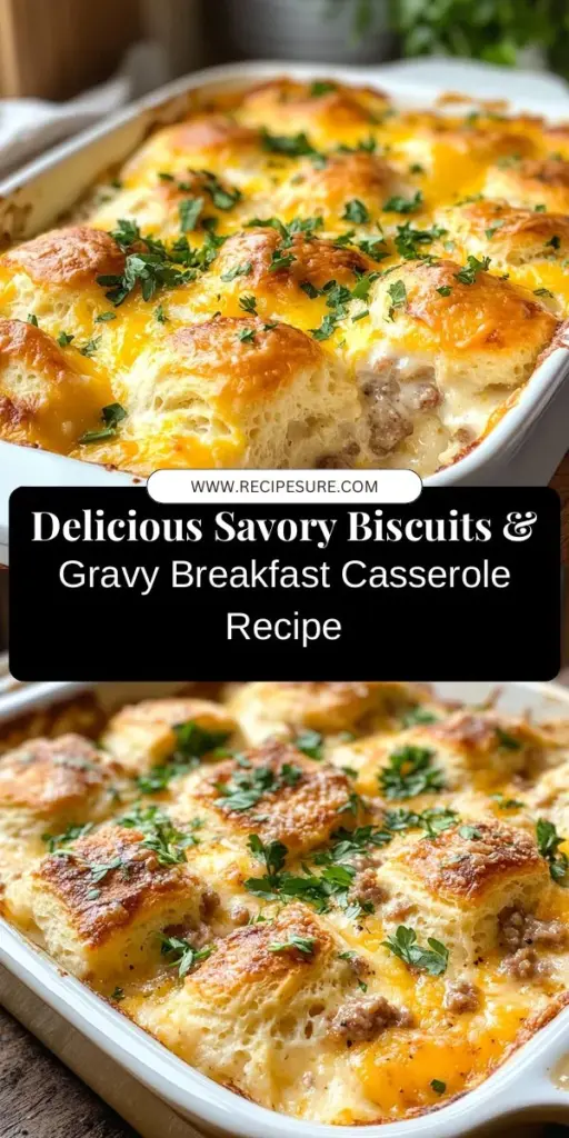 Start your day off right with a delicious Savory Biscuits & Gravy Breakfast Casserole! This hearty dish combines fluffy biscuits, savory sausage gravy, creamy eggs, and melted cheddar cheese, creating a comforting and satisfying breakfast. Perfect for family gatherings or leisurely weekends, this dish is easy to prepare in advance and feeds a crowd. Discover the joy of this flavorful casserole and make it a staple in your morning routine! #BreakfastCasserole #BiscuitsAndGravy #BrunchRecipe #ComfortFood #FamilyBreakfast #MealPrep