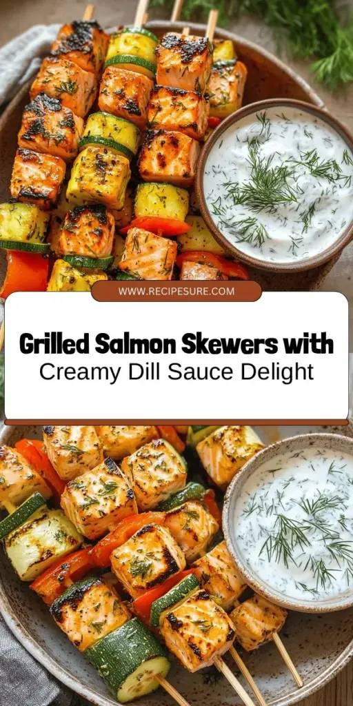 Elevate your summer grilling with these delicious grilled salmon skewers paired with a creamy dill yogurt sauce. Perfect for outdoor barbecues or a healthy weeknight dinner, this recipe combines succulent salmon with colorful veggies, all packed with omega-3s. The tangy yogurt sauce adds a refreshing twist to every bite. Easy to prepare and full of flavor, these skewers will impress your guests and nourish your body! #GrilledSalmon #HealthyEating #SummerRecipes #YogurtSauce #BBQ #Nutrition #EasyRecipes