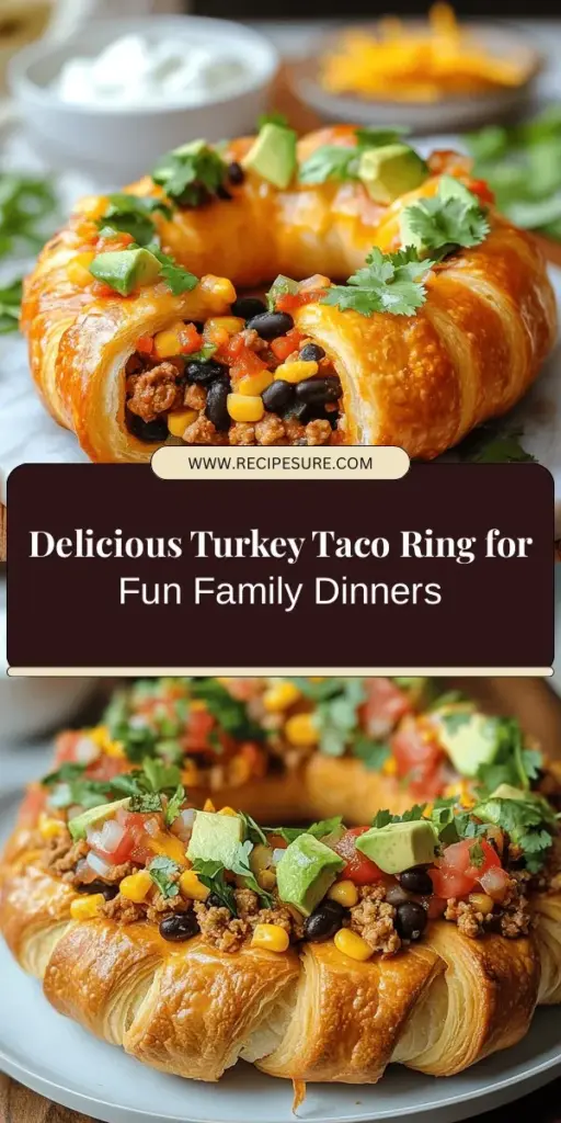 Looking for a fun and flavorful twist on taco night? Try this Turkey Taco Ring recipe! It's made with lean ground turkey, classic taco ingredients, and wrapped in flaky crescent roll dough, making it a perfect centerpiece for any occasion. Easy to prepare and inviting to share, this dish will impress family and friends alike. Customize it with your favorite toppings for an even better experience! #TurkeyTacoRing #DinnerIdeas #TacoNight #EasyRecipes #FamilyDinner #PartyFood