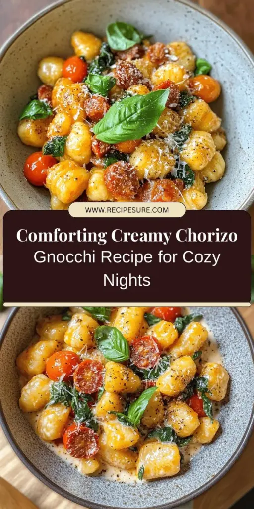 Indulge in the ultimate comfort food with Creamy Chorizo Gnocchi! This cozy dish features tender potato gnocchi nestled in a rich cream sauce, perfectly balanced with spicy chorizo and fresh veggies. Ideal for autumn dinners or any occasion, it's easy to make and packed with flavor. Bring joy to your table with this delightful recipe that everyone will love. Try it today! #CreamyChorizoGnocchi #ComfortFood #DinnerIdeas #ItalianCuisine #CozyMeals