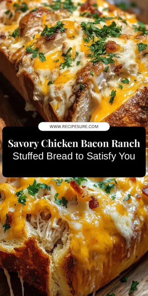 Discover the ultimate comfort food with this Delicious Chicken Bacon Ranch Stuffed Bread recipe! This savory dish features tender shredded chicken, crispy bacon, creamy ranch, and melty cheese, all wrapped in warm, crusty French bread. Perfect for family dinners or gatherings, it's sure to impress everyone at the table. Don't forget to experiment with your favorite ingredients to make it your own! #ChickenBaconRanch #StuffedBread #ComfortFood #HomeCooking #RecipeIdeas