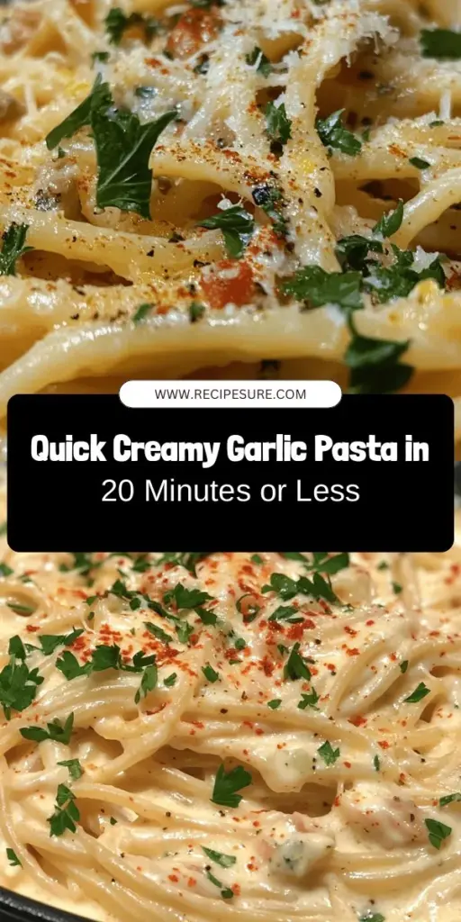 Looking for a quick dinner idea that doesn’t compromise on flavor? Try this Quick and Creamy Garlic Pasta! Ready in just 20 minutes, this recipe combines garlic, creamy Parmesan sauce, and your choice of pasta for a satisfyingly indulgent meal. Perfect for busy weeknights, it’s easy to customize with spices, veggies, or proteins. Elevate your dining experience with fresh flavors and minimal effort. #Cooking #Pasta #QuickMeals #DinnerIdeas #Foodie #ComfortFood