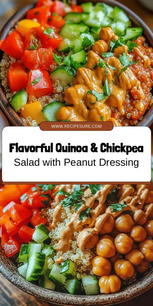 Discover the vibrant and nutritious Quinoa & Chickpea Salad with Creamy Peanut Dressing! This delicious and plant-based dish combines healthy quinoa and chickpeas with fresh vegetables and a rich peanut dressing. Perfect for meal prep or as a side for any meal, it's packed with protein, fiber, and essential nutrients. Elevate your meals with this colorful and satisfying salad that everyone will love! #QuinoaSalad #ChickpeaSalad #HealthyRecipes #MealPrep #PlantBased #Nutrition #PeanutDressing