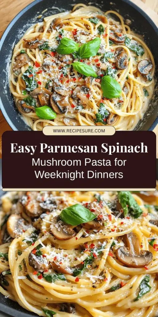 This Parmesan Spinach Mushroom Pasta Skillet is the perfect weeknight meal, combining creamy Parmesan, earthy mushrooms, and vibrant spinach in a delicious sauce. Ready in under 30 minutes, it’s satisfying yet easy to make, ideal for busy nights. Customize it with your favorite pasta and veggies, making it a nutritious option for the whole family. Get ready to impress everyone with this cozy dish that everyone will love! #Pasta #QuickMeals #HealthyEating #DinnerIdeas #ComfortFood