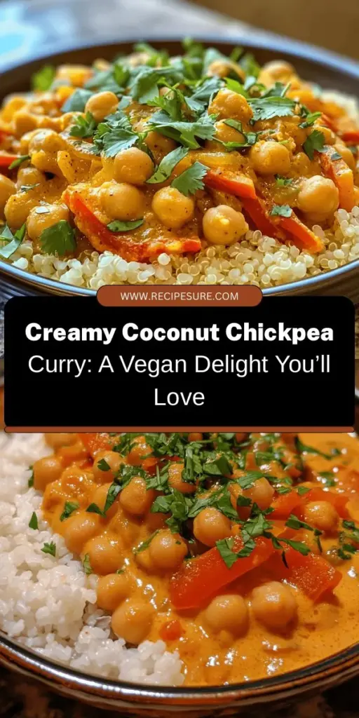 Discover the delicious Creamy Coconut Chickpea Curry, a plant-based delight packed with flavor and nutrition! This easy-to-make dish combines hearty chickpeas and creamy coconut milk, creating a comforting meal perfect for any night. Rich in protein, fiber, and healthy fats, it's ideal for everyone, from vegans to those seeking to eat healthier. Serve it with rice or quinoa for a wholesome experience! #ChickpeaCurry #PlantBased #HealthyEating #CoconutMilk #VeganRecipes #ComfortFood