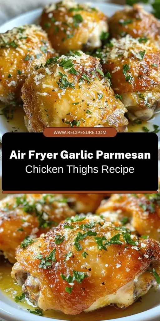 Discover the deliciousness of Garlic Parmesan Chicken Thighs made in an air fryer! This easy recipe highlights juicy, tender chicken with a crispy, golden Parmesan crust. Perfect for weeknight dinners or casual gatherings, it's packed with flavor and health benefits. With simple ingredients like garlic, olive oil, and Italian seasoning, you'll impress your family and friends in no time. Get ready to enjoy a healthier twist on a classic favorite! #GarlicParmesanChicken #AirFryerRecipes #HealthyEating #QuickMeals #DinnerIdeas