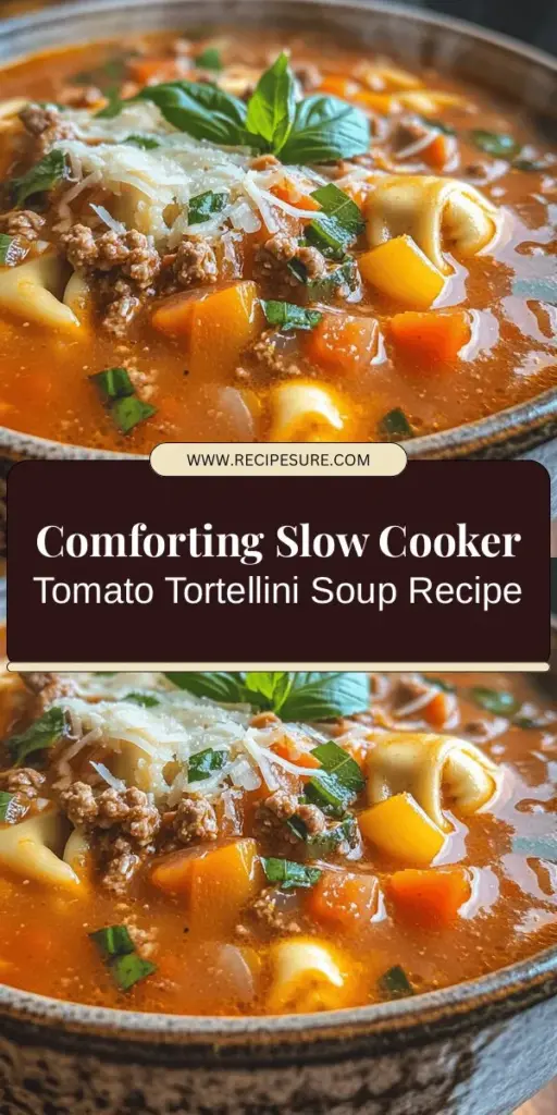 Warm up your chilly evenings with this Hearty Slow Cooker Tomato Tortellini Soup with Ground Beef! Packed with rich flavors from fresh vegetables, savory beef, and creamy cheese tortellini, this easy one-pot meal is perfectly nourishing and satisfying. Just add your ingredients to the slow cooker and let it work its magic! Ideal for family dinners and meal prepping, this soup is versatile and can be adjusted for different dietary needs. Try it today! #SlowCookerRecipes #SoupSeason #ComfortFood #MealPrep #TortelliniSoup #EasyDinner #HealthySoup #CozyEats