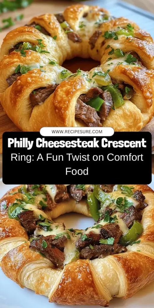 Elevate your comfort food game with the Philly Cheesesteak Crescent Ring! This fun twist on the classic dish combines tender ribeye steak, sautéed onions, bell peppers, and creamy provolone wrapped in flaky crescent roll dough. Perfect for gatherings or game day, this visually stunning and delicious dish will surely impress your guests. Dive into this easy recipe that transforms a beloved favorite into a shareable delight! #PhillyCheesesteak #CrescentRing #ComfortFood #GameDayEats #RecipeIdeas