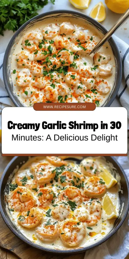 Embark on a culinary journey with our Easy Creamy Garlic Shrimp! Perfect for busy weeknights or entertaining, this dish combines succulent shrimp with a rich garlic cream sauce in under 30 minutes. Whether served over pasta, rice, or with crusty bread, it's a delightful experience for your taste buds. Discover the secrets to this indulgent yet simple recipe and impress your family and friends! #GarlicShrimp #EasyRecipes #Foodie #DinnerIdeas #QuickMeals #SeafoodLovers #CulinaryDelight