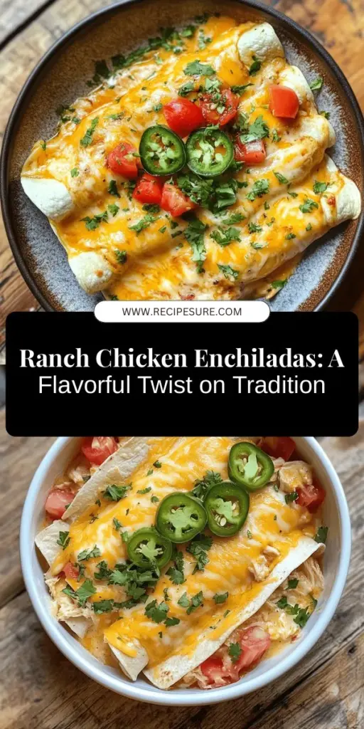 Discover a delicious twist on a classic favorite with these Ranch Chicken Enchiladas! This easy recipe combines tender shredded chicken, zesty ranch dressing, and gooey cheddar cheese for a comforting dish that everyone will love. Perfect for weeknight dinners or gatherings, these enchiladas are customizable and full of flavor. Elevate your next meal with this fun fusion of textures and tastes! #Enchiladas #CookingAtHome #RanchChicken #EasyRecipes #MexicanFood
