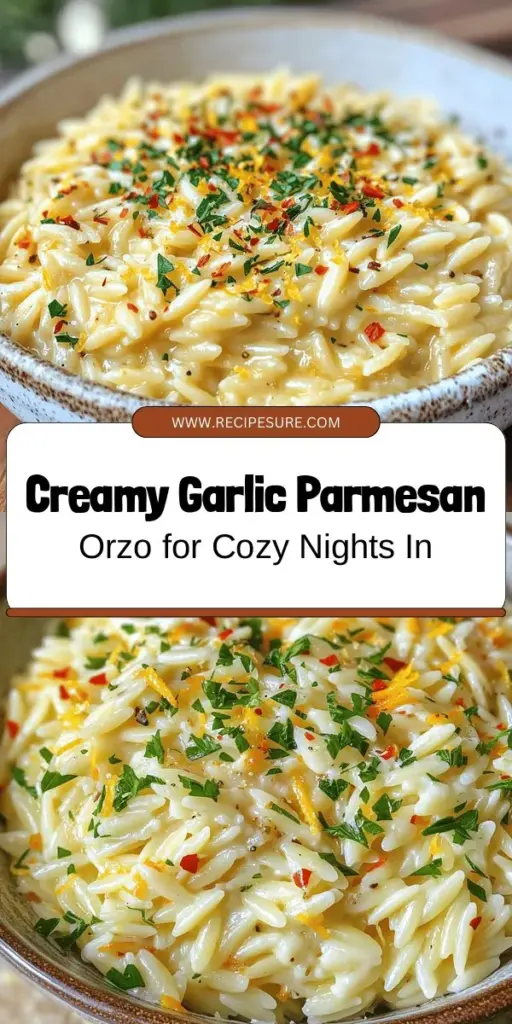 Indulge in a creamy comfort food with our Garlic Parmesan Orzo Delight! This easy-to-make dish blends the rich flavors of Parmesan cheese and aromatic garlic with tender orzo pasta, ensuring every bite is soothing and satisfying. Perfect for weeknight dinners or a special occasion, this recipe is versatile and can be customized to your taste. Don’t miss out on this delicious pasta experience! #PastaRecipes #ComfortFood #OrzoDelight #EasyDinner #CookingAtHome #FoodLovers