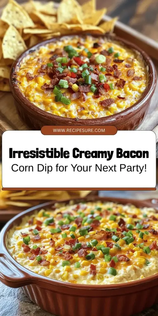 Elevate your next gathering with the Ultimate Creamy Bacon Corn Dip, a delightful blend of flavors that will keep your guests coming back for more. With a rich and creamy base, crispy bacon, and sweet corn, this dip is perfect for barbecues, game days, or any casual get-together. Customize it with your favorite spices or veggies for an extra kick! Serve with chips or fresh veggies for a stellar party snack. #BaconCornDip #PartyFood #YummySnacks #ComfortFood #DipRecipe