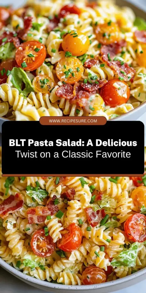 Transform the classic BLT into a refreshing BLT Pasta Salad Delight! This vibrant dish combines crispy bacon, juicy cherry tomatoes, and crunchy romaine lettuce with rotini pasta, all drizzled with a creamy, tangy dressing. Perfect for summer picnics, potlucks, or quick weeknight dinners. Easy to prepare, this salad will impress family and friends with its delightful textures and flavors. Try out this tasty fusion today! #PastaSalad #BLT #SummerRecipes #CookingFun #HealthyEating #QuickMeals
