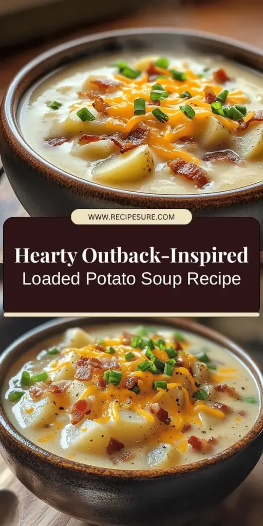Warm up with this Outback Steakhouse-inspired loaded potato soup, a creamy and comforting classic that will delight your taste buds! Made with russet potatoes, crispy bacon, and sharp cheddar cheese, this hearty soup is perfect for chilly nights or gatherings. Follow our easy step-by-step recipe to create this flavorful dish right at home. Add your favorite toppings and enjoy a comforting meal. #LoadedPotatoSoup #ComfortFood #Recipes #OutbackSteakhouse #PotatoSoup #CookingAtHome #DeliciousFood