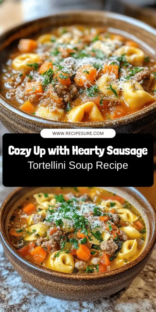 Warm up your evenings with this Hearty Sausage Tortellini Soup! Packed with savory Italian sausage, tender cheese tortellini, vibrant vegetables, and aromatic herbs, this comforting dish is perfect for any season. Each spoonful brings a delicious blend of flavors that will leave you satisfied. Ideal for family dinners or a cozy meal alone, it's easy to make and full of nutrition! Try it today! #SausageSoup #Tortellini #ComfortFood #HealthyEating #SoupSeason #HomeCooking #CookingWithLove