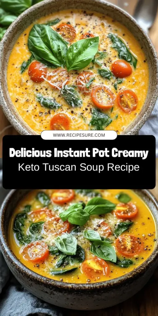 Warm up with a bowl of Creamy Keto Tuscan Soup made effortlessly in your Instant Pot! This delicious, low-carb dish features savory Italian sausage, fresh veggies, and a rich, creamy broth perfect for your keto lifestyle. Ready in just 30 minutes, it's a convenient meal for busy nights or cozy weekends. Discover how to make this hearty soup and enjoy a nutritious meal that aligns with your health goals. #Keto #InstantPot #SoupRecipe #LowCarb #HealthyEating #MealPrep #ComfortFood