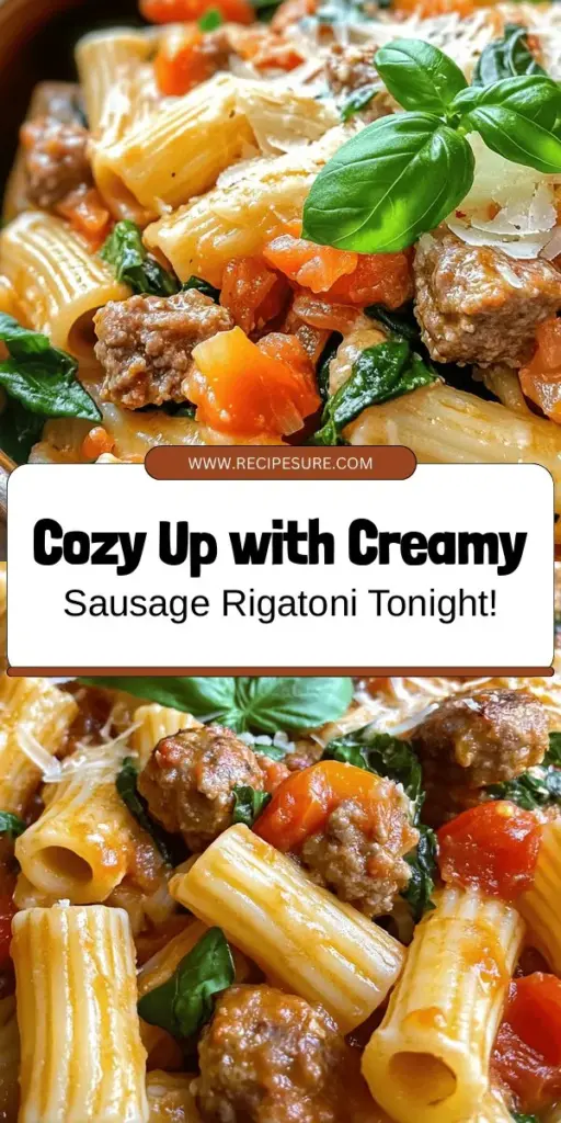 Indulge in the creamy goodness of homemade sausage rigatoni—a comforting dish that's perfect for any occasion! This recipe features robust Italian sausage, fresh spinach, and a velvety cream sauce that clings to every bite of al dente pasta. Pair it with garlic bread and a side salad for a complete meal that your family will love. Elevate your dining experience with this deliciously satisfying recipe! #SausageRigatoni #PastaRecipes #ComfortFood #CookingAtHome #ItalianCuisine #DinnerIdeas #YummyRecipes