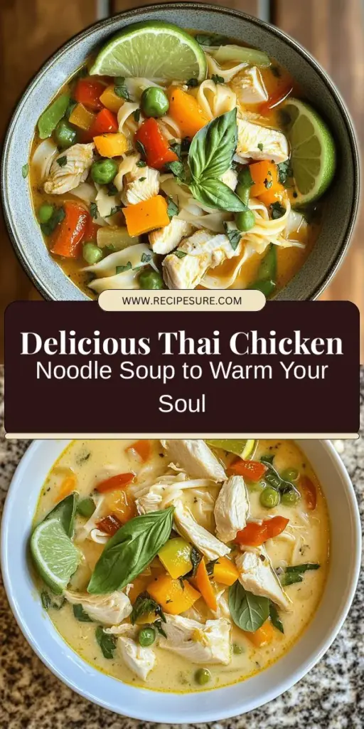 Discover the warmth of Thai Chicken Noodle Soup, a perfect blend of rich flavors and nourishing ingredients. This comforting dish features tender chicken, aromatic herbs, and vibrant vegetables in a creamy coconut broth, showcasing the best of Thai cuisine. Whether you're new to cooking or a seasoned chef, our step-by-step guide makes it easy to recreate this delightful meal at home. Enjoy a bowl of health and comfort! #ThaiFood #ChickenNoodleSoup #ComfortFood #HealthyEating #HomeCooking