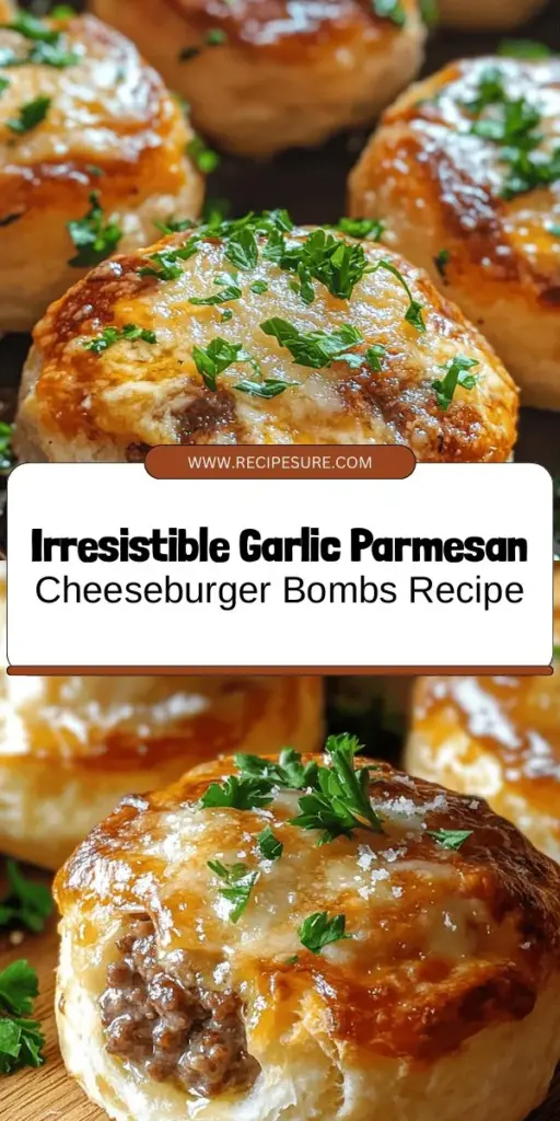 Elevate your snack game with these mouthwatering Garlic Parmesan Cheeseburger Bombs! This easy recipe combines the classic flavors of cheeseburgers with savory garlic and Parmesan, all wrapped in flaky biscuit dough. Perfect for game days, family gatherings, or cozy dinners, these irresistible bites are sure to impress. Plus, you can customize the fillings to suit your taste. Discover the joy of cooking and sharing delicious homemade treats! #CheeseburgerBombs #SnackRecipes #ComfortFood #GameDaySnacks #EasyMeals