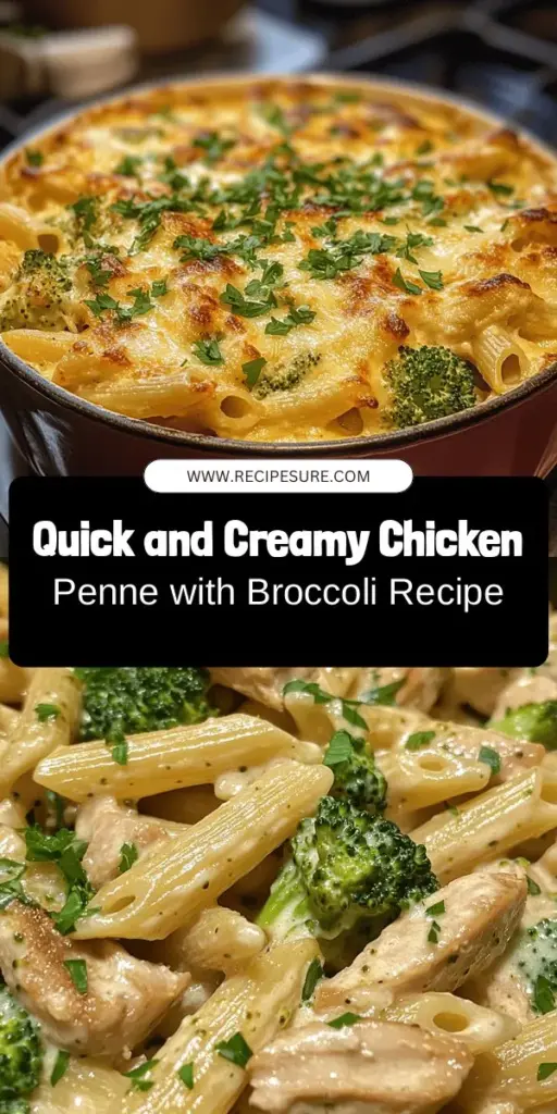 Indulge in a warm and comforting bowl of Creamy Broccoli and Chicken Penne! This quick and nutritious dish combines tender chicken, vibrant broccoli, and al dente whole grain penne pasta in a luscious creamy sauce, making it perfect for busy weeknights or family dinners. Ready in under 30 minutes, this recipe is a delicious way to incorporate veggies and lean protein into your meals. Try it today! #PastaRecipes #HealthyEating #FamilyDinner #ComfortFood #QuickMeals #DinnerIdeas