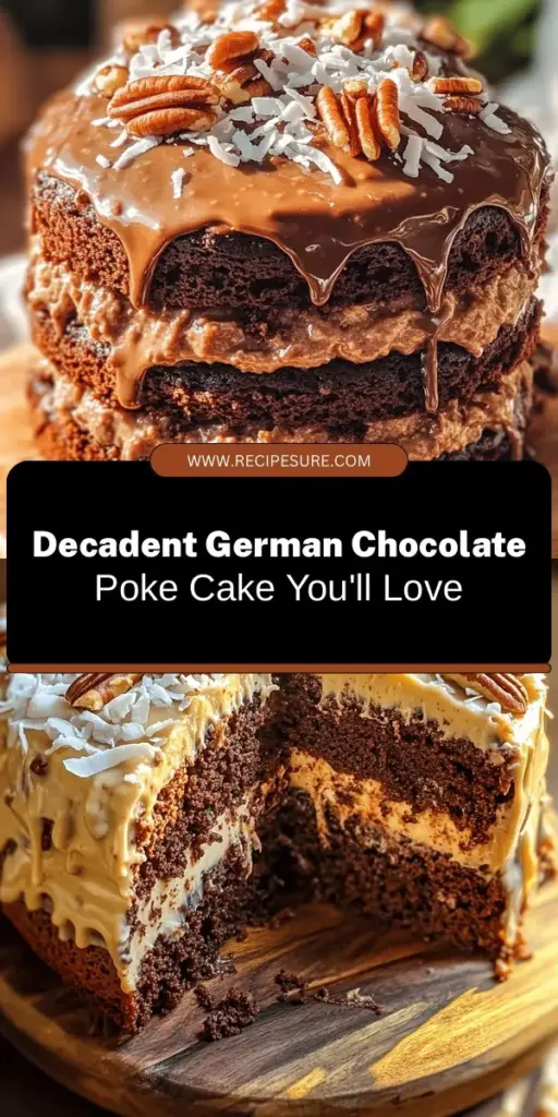 Indulge in the mouthwatering taste of homemade German Chocolate Poke Cake! This delightful dessert combines rich chocolate cake with a luscious filling of chocolate pudding, topped with a creamy coconut-pecan frosting. Perfect for any occasion, it's easy to make and sure to impress your loved ones. Experience the joy of baking and create cherished memories around the table with this irresistible treat! #GermanChocolateCake #PokeCake #BakingJoy #DessertIdeas #HomemadeGoodness