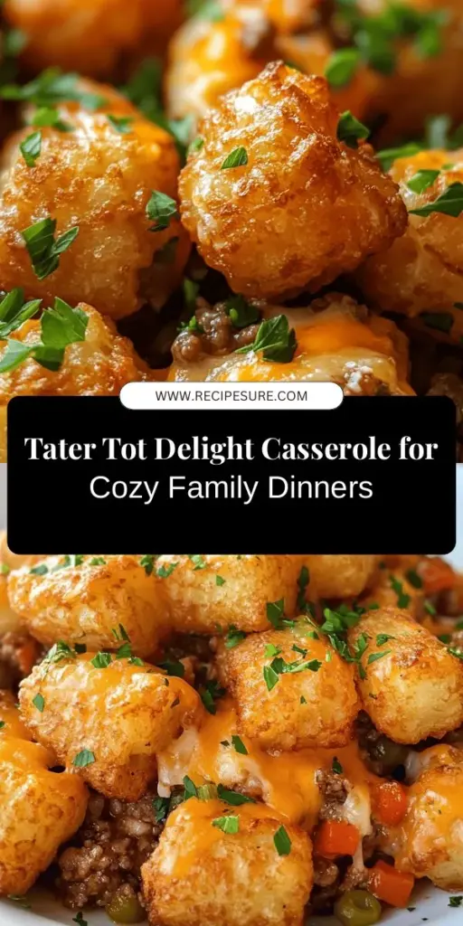 Discover the ultimate comfort food with Tater Tot Delight Casserole! This crowd-pleaser features a creamy filling topped with crispy tater tots, making it perfect for busy nights or family gatherings. Customize with ground beef, turkey, or veggies for a delicious twist. Easy to prepare and packed with flavor, this casserole is sure to bring everyone to the table. Try it today and enjoy a heartwarming meal! #ComfortFood #Casserole #TaterTots #EasyRecipes #FamilyDinner