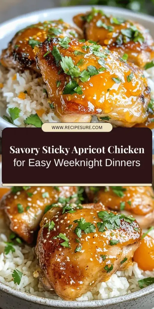 Discover the deliciousness of Sticky Apricot Chicken, a simple yet flavorful weeknight dinner that combines tender chicken thighs with a sweet apricot glaze. Perfect for any occasion, this one-pan wonder promises vibrant flavors and easy preparation. Packed with nutrients and bursting with taste, this dish is both comforting and impressive. Serve it over fluffy rice or quinoa for a wholesome meal. Try it tonight and enjoy the culinary adventure! #StickyApricotChicken #EasyDinner #OnePanMeals #FamilyFavorite #DeliciousRecipes #HealthyEating #CulinaryAdventure