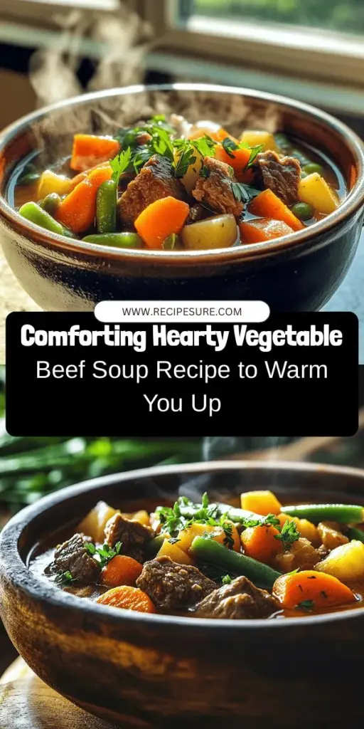 Warm up with a bowl of Hearty Homemade Vegetable Beef Soup, the ultimate comfort food! This delicious recipe combines tender beef, vibrant vegetables, and homemade broth for a nutritious meal that's perfect for family gatherings or chilly nights. Customize it with seasonal veggies for a personal touch, and enjoy the rich flavors that bring everyone together. Try it out and fill your home with delightful aromas! #VegetableBeefSoup #ComfortFood #HomemadeSoup #HealthyEating #CozyRecipes #SoupSeason