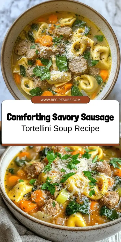 Warm up this season with our Savory Sausage Tortellini Soup! This hearty dish combines savory Italian sausage, fluffy tortellini, and vibrant vegetables, making it a family favorite. Packed with protein and essential nutrients, it can easily adapt to dietary preferences, like turkey sausage or gluten-free pasta. Perfect for cozy nights, serve it with crusty bread and enjoy. Make it your own and savor every spoonful! #ComfortFood #SoupSeason #Tortellini #EasyRecipes #HealthyEating #HomemadeSoup
