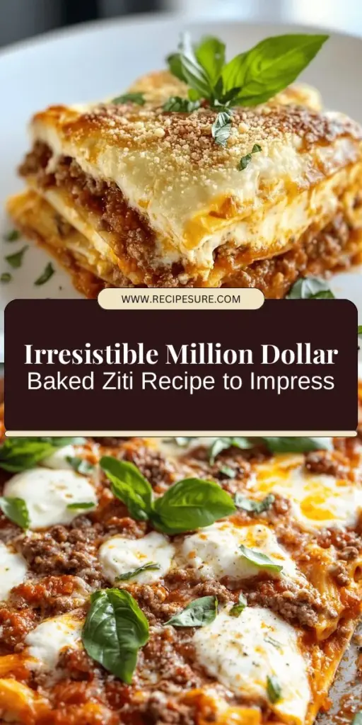Indulge in the Ultimate Million Dollar Baked Ziti, a comforting and decadent Italian-American classic. This delectable dish layers ziti pasta, robust marinara sauce, creamy ricotta, and gooey mozzarella, perfect for any gathering. With the right blend of high-quality ingredients, including ground meat and optional veggies, every bite is a flavor explosion. Find satisfaction and warmth in this crowd-pleaser that’s sure to impress! #BakedZiti #ComfortFood #ItalianAmerican #Recipes #Foodie #PastaLovers #DinnerInspiration