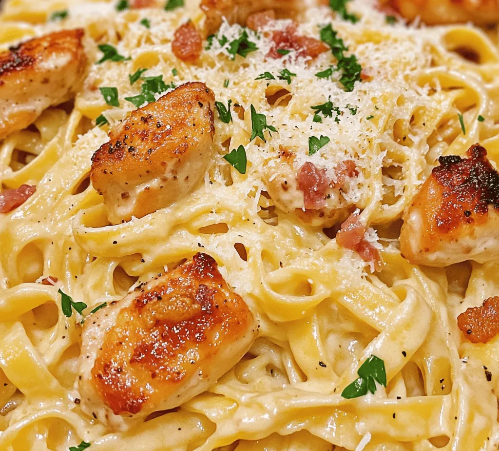 When it comes to comfort food, few dishes can compete with a steaming plate of creamy pasta. The rich, velvety textures combined with the warmth of hearty ingredients create a delightful experience that is not only satisfying but also evokes a sense of nostalgia. Among the myriad of creamy pasta offerings, <strong>Creamy Garlic Chicken Carbonara</strong> stands out as an exceptional choice for family dinners and gatherings. This dish artfully marries the robust flavors of tender chicken, crispy bacon, and a luscious cream sauce, making it a go-to recipe for both novice cooks and seasoned chefs alike.” /></p>
</p>
<h3>Cooking the Bacon</h3>
</p>
<p>To achieve that perfectly crispy bacon, it’s essential to start with the right technique. Begin by cutting your bacon into small pieces or strips, depending on your preference. Place the bacon in a cold skillet, ensuring that it’s spread out evenly. This method allows the fat to render slowly as the pan heats, resulting in a crispier texture. Turn the heat to medium and keep an eye on the bacon as it cooks. Stir occasionally to promote even cooking, and cook until the bacon is golden brown and crispy, which typically takes about 6 to 8 minutes.</p>
</p>
<p>Once cooked, use a slotted spoon to transfer the bacon to a plate lined with paper towels. This will help absorb any excess fat, leaving you with the perfect crispy bites to mix into your carbonara. The rendered fat left in the skillet is vital as it adds flavor to the chicken and will contribute to the overall richness of the dish.</p>
</p>
<h3>Sautéing the Chicken</h3>
</p>
<p>Next, it’s time to cook the chicken, ensuring it reaches a perfect golden color and remains juicy. After removing the bacon, retain a tablespoon of the bacon fat in the skillet. If there isn’t enough fat left, you can add a splash of olive oil. Heat the skillet over medium-high heat until the oil is shimmering.</p>
</p>
<p>Season the chicken pieces with salt and pepper, then add them to the hot skillet in a single layer. Avoid overcrowding the pan, which can cause steaming rather than searing. Cook the chicken for about 5 to 7 minutes on each side until it is no longer pink in the center and reaches an internal temperature of 165°F (75°C).</p>
</p>
<p>When the chicken is nearly done, add minced garlic to the skillet. Garlic cooks quickly and can burn if added too early, so introducing it in the last minute of cooking allows it to infuse the chicken without losing its flavor. Stir the garlic frequently until it becomes fragrant, about 30 seconds.</p>
</p>
<h3>Preparing the Sauce</h3>
</p>
<p>The creamy sauce is what makes this Chicken Carbonara stand out. In a mixing bowl, whisk together the eggs, heavy cream, and freshly grated Parmesan cheese until smooth and well combined. The key here is to ensure that the mixture is silky and consistent, which will help prevent any clumping when added to the pasta later.</p>
</p>
<p>To achieve the right consistency, it’s essential to temper the eggs. This means slowly adding a few tablespoons of the hot pasta water to the egg mixture while whisking continuously. This technique will help raise the temperature of the eggs without scrambling them, ensuring a velvety sauce once combined with the pasta.</p>
</p>
<h3>Combining Ingredients</h3>
</p>
<p>Once your pasta is cooked al dente, reserve about a cup of the pasta water, then drain the remaining water. Immediately add the hot pasta to the skillet with the chicken and garlic. Toss the pasta around in the skillet, allowing it to soak up the flavors from the chicken and the bacon fat.</p>
</p>
<p>Now, remove the skillet from the heat to avoid scrambling the eggs. Gradually pour the egg and cream mixture over the pasta while continuously tossing the noodles. This is the crucial step to achieving that creamy sauce without curdling the eggs. If the sauce appears too thick, add reserved pasta water a little at a time until you reach your desired consistency.</p>
</p>
<h3>Final Touches</h3>
</p>
<p>To finish, stir in the crispy bacon and mix well to distribute it throughout the dish. For a burst of freshness and color, sprinkle freshly chopped parsley over the top and add more grated Parmesan cheese as desired. Serve the Creamy Garlic Chicken Carbonara immediately, ensuring each plate looks inviting and tempting.</p>
</p>
<h3>Cooking Tips for Perfect Carbonara</h3>
</p>
<h4>Selecting the Right Pasta</h4>
</p>
<p>While fettuccine is often the go-to choice for carbonara, you can experiment with other pasta types. Spaghetti, linguine, or even penne can work beautifully in this recipe. Each shape holds sauce differently, so choose one that appeals to your preference.</p>
</p>
<h4>Achieving the Perfect Sauce</h4>
</p>
<p>If you find your sauce is too thick, simply add more pasta water or a splash of cream. Conversely, if it’s too thin, you can whisk in a bit more cheese to thicken it up. Adjust seasoning with salt and freshly cracked black pepper to suit your taste.</p>
</p>
<h4>Balancing Flavors</h4>
</p>
<p>Carbonara is all about balance. If you prefer a more pronounced garlic flavor, feel free to increase the amount of garlic in the recipe. Alternatively, adding a pinch of red pepper flakes can enhance the flavor profile and provide a gentle heat.</p>
</p>
<h3>Nutritional Information</h3>
</p>
<p>This Creamy Garlic Chicken Carbonara is not only delicious but also packs a nutritional punch. A typical serving contains approximately 600-700 calories, depending on the portions and specific ingredients used. Key nutrients include protein from the chicken and eggs, calcium from the cheese, and carbohydrates from the pasta.</p>
</p>
<p>For a healthier alternative, consider using whole-grain pasta, which can increase fiber content. You can also substitute heavy cream with Greek yogurt or a lighter cream to reduce calories without sacrificing creaminess.</p>
</p>
<h3>Pairing Suggestions</h3>
</p>
<p>To elevate your dining experience, consider pairing your Creamy Garlic Chicken Carbonara with complementary side dishes and beverages.</p>
</p>
<h4>Side Salads</h4>
</p>
<p>A light side salad can provide a refreshing contrast to the richness of the carbonara. A simple arugula salad with lemon vinaigrette or a mixed greens salad with cherry tomatoes can balance the meal beautifully.</p>
</p>
<h4>Wine Pairings</h4>
</p>
<p>For the perfect wine pairing, opt for a crisp white wine such as Pinot Grigio or Sauvignon Blanc. These wines complement the creamy sauce and cut through the richness. If you prefer red wine, consider a light-bodied option like Pinot Noir, which won’t overwhelm the dish.</p>
</p>
<h3>Conclusion</h3>
</p>
<p>Creamy Garlic Chicken Carbonara is a delightful and comforting meal that suits any occasion, from family dinners to special gatherings. The combination of tender chicken, crispy bacon, and a rich, creamy sauce creates an indulgent experience that brings joy to the dining table.</p>
</p>
<p>This recipe is not only easy to prepare, even for novice cooks, but it also invites creativity in the kitchen. Whether you’re hosting friends or enjoying a quiet night in, this carbonara dish is sure to impress. So gather your ingredients and try your hand at making this delicious recipe; it’s an experience worth savoring and sharing with your loved ones.</p>
</div>