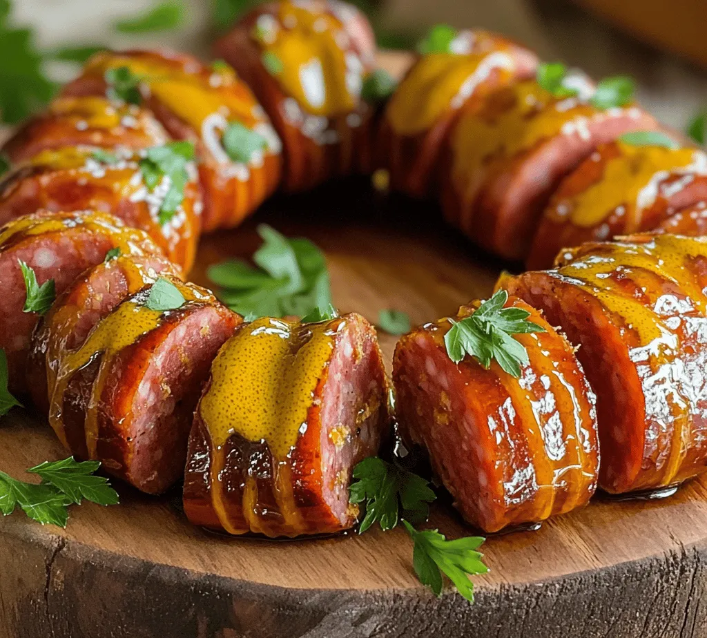 Welcome to the delightful world of Mustard Hasselback Kielbasa Bites, a dish that not only satisfies the palate but also dazzles the eyes. Whether you're hosting a vibrant gathering, gearing up for a nail-biting game day, or simply enjoying a casual family dinner, this recipe is bound to become a crowd favorite. The Hasselback technique, which involves making thin cuts in the sausage, not only enhances the visual appeal of the dish but also ensures that each bite offers a perfect balance of crispy exterior and juicy, flavorful interior.