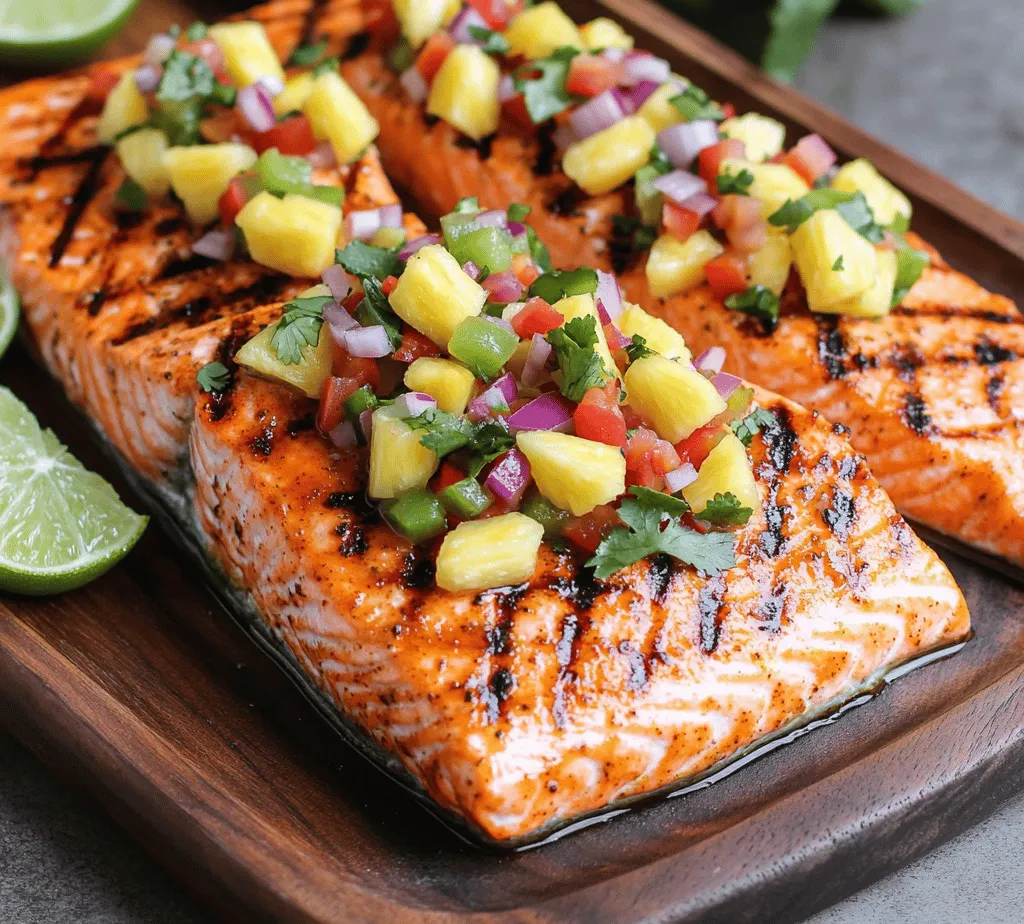 As summer approaches, our cravings often shift toward vibrant, fresh flavors that evoke the warmth and brightness of the season. One dish that perfectly encapsulates this essence is <strong>Chili Lime Salmon with Pineapple Salsa</strong>. This recipe not only dazzles the taste buds with its zesty, tropical notes but also provides a nutritious meal that can be enjoyed at summer gatherings or as a quick and healthy weeknight dinner.” /></p>
</p>
<h3>Grilling Salmon Effectively</h3>
</p>
<p>Grilling salmon can be a delightful experience if approached with the right technique and care. The secret to achieving perfectly grilled salmon lies in understanding the optimal grilling temperature, the importance of preheating, and the right cooking methodology.</p>
</p>
<p><strong>Ideal Grilling Temperature and Preheating the Grill</strong></p>
</p>
<p>To grill salmon effectively, you should aim for a grill temperature between 400°F and 450°F. This range allows the salmon to sear nicely, creating a flavorful crust while keeping the inside tender and juicy. Preheating the grill is crucial: it not only ensures a consistent cooking temperature but also helps prevent the fish from sticking to the grates. Allow your grill to preheat for at least 10-15 minutes before placing the salmon on it.</p>
</p>
<p><strong>Determining When the Salmon is Cooked Through</strong></p>
</p>
<p>Knowing when your salmon is perfectly cooked is essential for a delightful dining experience. The USDA recommends cooking salmon to an internal temperature of 145°F. However, many chefs prefer to remove it from the grill when it reaches around 125°F to 130°F, as the residual heat will continue cooking the fish as it rests. The salmon should appear opaque and flake easily with a fork. A good rule of thumb is to check the thickest part of the fish.</p>
</p>
<p><strong>Benefits of Grilling Skin-Side Down</strong></p>
</p>
<p>Grilling salmon skin-side down has multiple benefits. Firstly, the skin acts as a barrier between the fish and the grill, preventing it from drying out and allowing for a more succulent final product. Secondly, cooking skin-side down can help achieve that coveted crispy skin texture, which adds an enjoyable crunch to your dish. If you’re using a marinade, it’s also advisable to place the skin side down first, as it will prevent the marinade from burning.</p>
</p>
<p><strong>Tips for Achieving Perfect Grill Marks and Avoiding Sticking</strong></p>
</p>
<p>Achieving perfect grill marks is not just about aesthetics; it also enhances the flavor of the salmon. To get those beautiful char lines, ensure that your grill grates are clean and well-oiled before cooking. You can use a paper towel dipped in oil and tongs to wipe the grill grates.</p>
</p>
<p>When placing the salmon on the grill, do so at a 45-degree angle to the grates. After a few minutes, rotate the salmon 90 degrees to create crosshatch grill marks. Avoid the temptation to flip the salmon too early; let it sear properly to minimize sticking. When it’s ready to flip, you should be able to gently lift it off the grill without much resistance.</p>
</p>
<h3>Serving Suggestions: Elevating Presentation</h3>
</p>
<p>Presentation plays a crucial role in enhancing the dining experience. Serving your Chili Lime Salmon with Pineapple Salsa elegantly can impress your guests and make the meal even more enjoyable.</p>
</p>
<p><strong>Serving on a Large Platter</strong></p>
</p>
<p>For an inviting presentation, serve the salmon on a large, decorative platter. This allows your guests to appreciate the vibrant colors of the dish. Generously spoon the pineapple salsa over the top of the salmon, allowing the bright reds, yellows, and greens of the salsa to contrast with the pinkish hue of the grilled salmon. This colorful combination not only looks appetizing but also showcases the freshness of the ingredients.</p>
</p>
<p><strong>Garnishing with Lime Wedges and Fresh Cilantro</strong></p>
</p>
<p>To elevate the visual appeal further, add lime wedges around the platter. The bright green of the limes will pop against the salmon and salsa, while also inviting guests to squeeze some fresh lime juice over their portions for added zing. A sprinkle of freshly chopped cilantro not only enhances the dish’s flavor but also adds a lovely green touch, making the presentation more vibrant and enticing.</p>
</p>
<p><strong>Complementary Side Dishes</strong></p>
</p>
<p>To round out your meal, consider pairing your Chili Lime Salmon with delicious side dishes. Fluffy jasmine or coconut rice can serve as a perfect base to absorb the flavors of the salmon and salsa. Alternatively, a crisp green salad with mixed greens, avocado, and a light vinaigrette can provide a refreshing counterpoint to the richness of the fish. Grilled vegetables, such as zucchini, asparagus, or bell peppers, can also be excellent accompaniments, adding color and nutrition to your plate.</p>
</p>
<h3>Nutritional Breakdown</h3>
</p>
<p>Understanding the nutritional profile of your meal can enhance your dining experience, especially if you’re mindful of your dietary choices.</p>
</p>
<p><strong>Calories and Macronutrients per Serving</strong></p>
</p>
<p>A typical serving of Chili Lime Salmon (about 6 ounces) with pineapple salsa contains approximately:</p>
</p>
<p>– <strong>Calories</strong>: 350-400</p>
<p>– <strong>Protein</strong>: 34 grams</p>
<p>– <strong>Fats</strong>: 20 grams (mostly healthy fats from the salmon)</p>
<p>– <strong>Carbohydrates</strong>: 15 grams (mainly from the pineapple and other salsa ingredients)</p>
</p>
<p>The high protein content makes this dish an excellent choice for muscle repair and growth, while the healthy fats promote heart health.</p>
</p>
<p><strong>Vitamins and Minerals</strong></p>
</p>
<p>Salmon is rich in essential nutrients, including omega-3 fatty acids, which are known for their anti-inflammatory properties. Additionally, this dish provides significant amounts of vitamins B12 and D, selenium, and potassium. The pineapple salsa adds a healthy dose of vitamin C, manganese, and dietary fiber, making this meal not only delicious but also nutritious.</p>
</p>
<p><strong>Dietary Considerations</strong></p>
</p>
<p>Chili Lime Salmon with Pineapple Salsa fits well into various dietary plans. For those following a low-carb or ketogenic diet, the dish provides beneficial fats and protein without excessive carbohydrates. It is also suitable for paleo diets, as it incorporates whole, natural ingredients without any processed elements.</p>
</p>
<h3>Conclusion</h3>
</p>
<p>Chili Lime Salmon with Pineapple Salsa is more than just a recipe; it’s a vibrant culinary experience that brings together fresh flavors and health benefits. The zesty marinade, paired with the sweet and tangy pineapple salsa, creates a harmonious balance that is sure to please any palate.</p>
</p>
<p>Whether you’re preparing this dish for a casual family dinner or a special gathering with friends, its stunning presentation and delightful taste will leave a lasting impression. With the right grilling techniques, attention to detail in presentation, and an understanding of its nutritional benefits, you can create a meal that is not only enjoyable but also nourishing. So fire up the grill, gather your ingredients, and savor the joy of cooking and sharing this beautiful dish that encapsulates the essence of summer on a plate.</p>
</div>