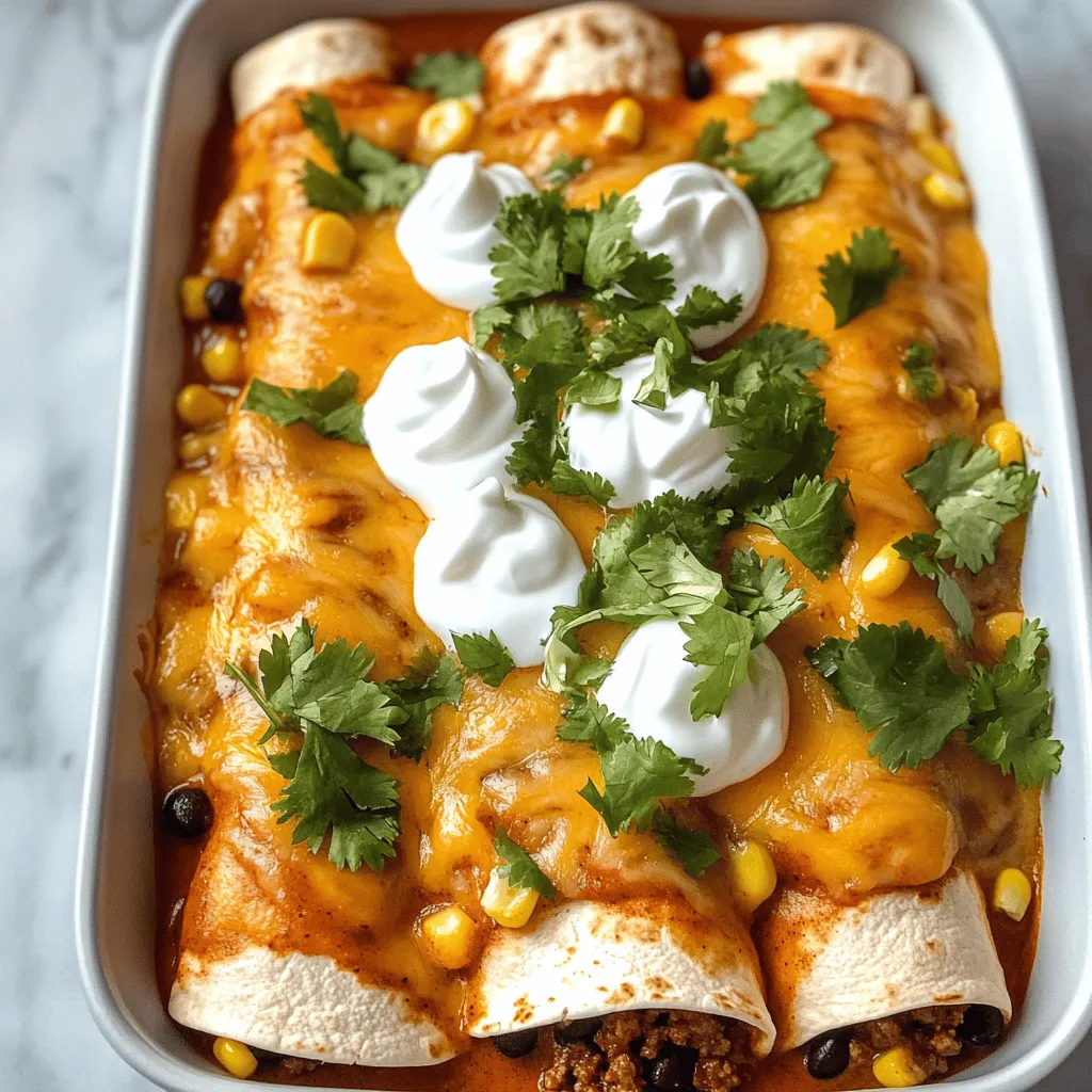 To make easy Tex-Mex beef enchiladas, you need a few key ingredients. Start with 1 pound of ground beef. This gives the enchiladas their hearty flavor. You also need 1 small onion, finely chopped, and 2 cloves of minced garlic. These add great taste! Don’t forget the spices, including 1 teaspoon of chili powder and 1 teaspoon of cumin. You will also need 1 cup of black beans and 1 cup of corn kernels. Both add texture and fiber. A can of enchilada sauce is essential, and you’ll need 8 small flour tortillas. Finally, use 1 cup of shredded cheddar cheese and 1 cup of sour cream for serving.