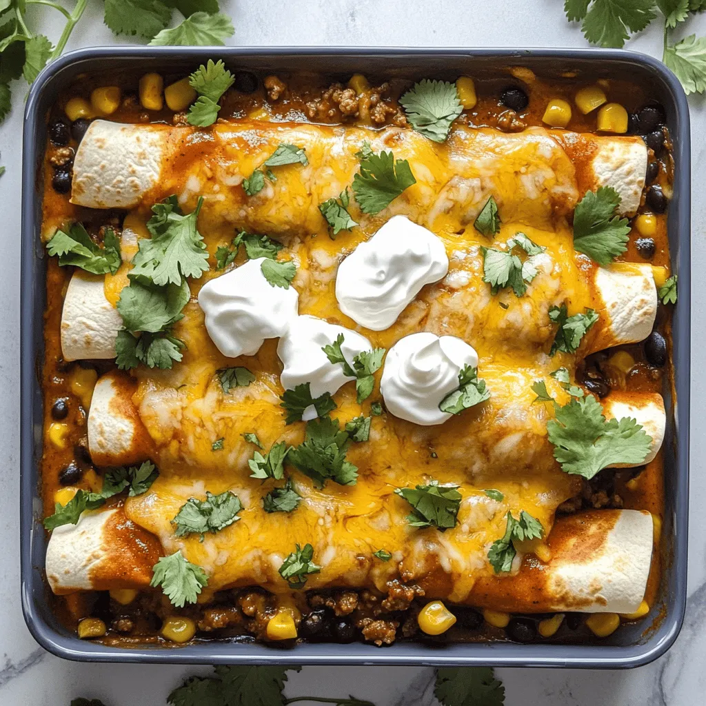 To make easy Tex-Mex beef enchiladas, you need a few key ingredients. Start with 1 pound of ground beef. This gives the enchiladas their hearty flavor. You also need 1 small onion, finely chopped, and 2 cloves of minced garlic. These add great taste! Don’t forget the spices, including 1 teaspoon of chili powder and 1 teaspoon of cumin. You will also need 1 cup of black beans and 1 cup of corn kernels. Both add texture and fiber. A can of enchilada sauce is essential, and you’ll need 8 small flour tortillas. Finally, use 1 cup of shredded cheddar cheese and 1 cup of sour cream for serving.